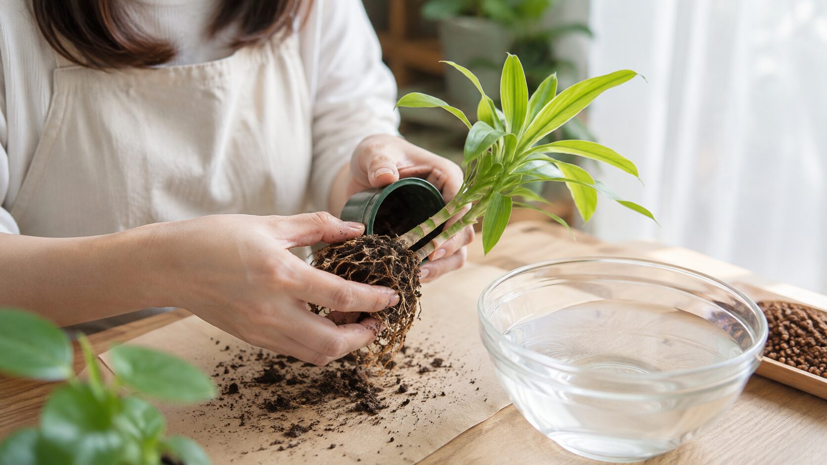 土植えのドラセナを抜いて水耕栽培へ移行する準備をする様子
