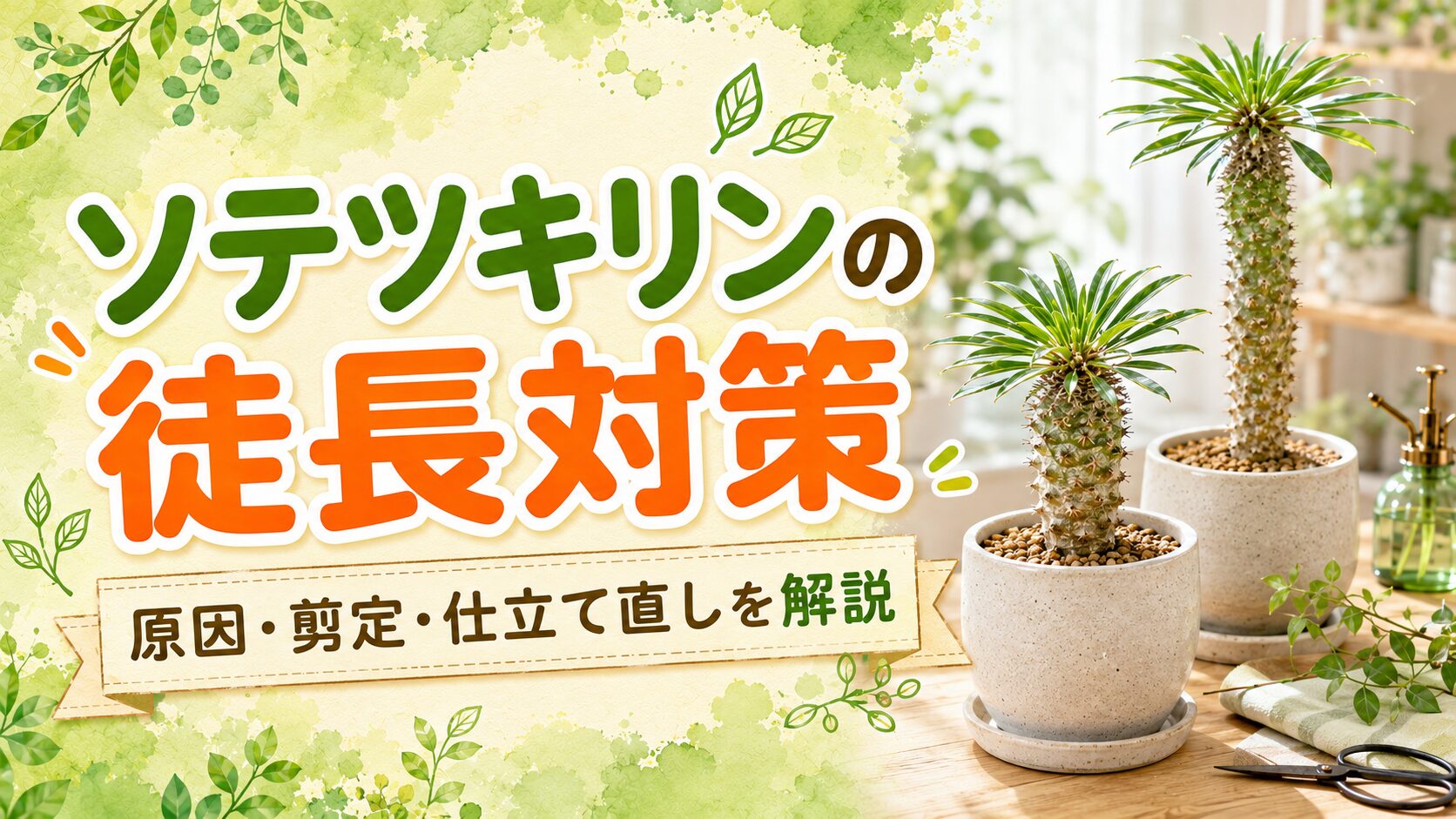 ソテツキリンの徒長対策を紹介するアイキャッチ画像。徒長したソテツキリンと株姿の比較イメージを背景に、原因・剪定・仕立て直しのポイントを分かりやすく表現したデザイン。