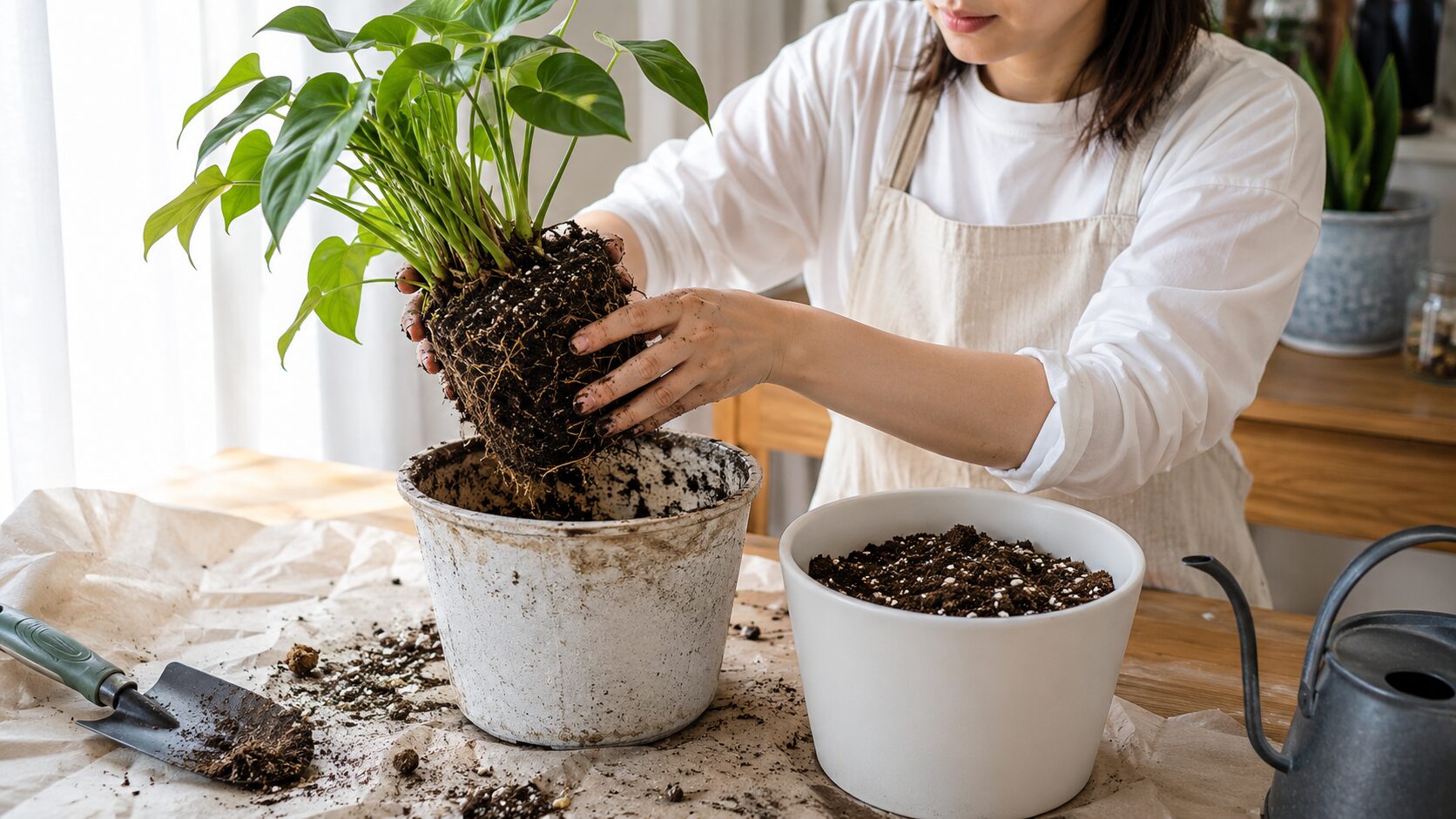 観葉植物を古い鉢から抜き、根鉢を確認しながら新しい培養土と鉢へ植え替えている様子