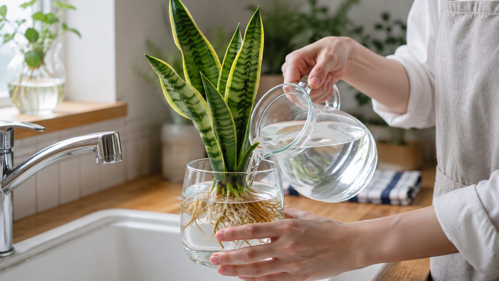 ガラス容器のサンスベリアに水を注いでいる写真。水耕栽培での水替えや清潔な水質管理のポイントをイメージできる。