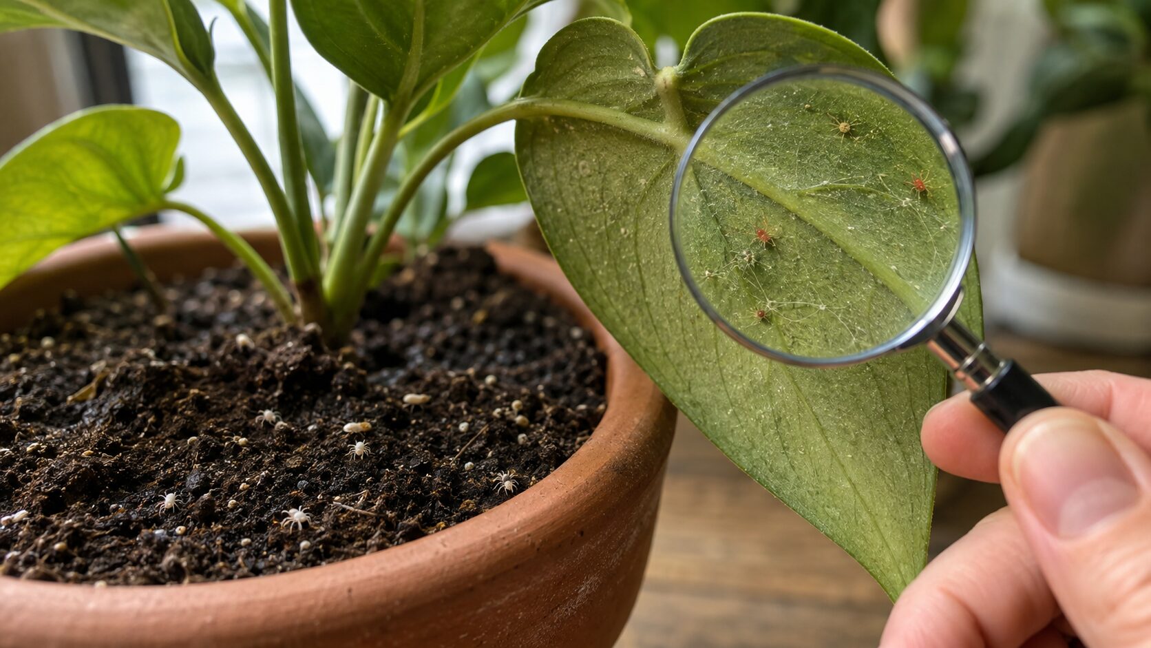 観葉植物の葉を虫眼鏡で観察し、葉のハダニと土の小さな虫の違いを確認している様子を写した画像。土のダニと葉のハダニの違いをイメージできる見出し画像