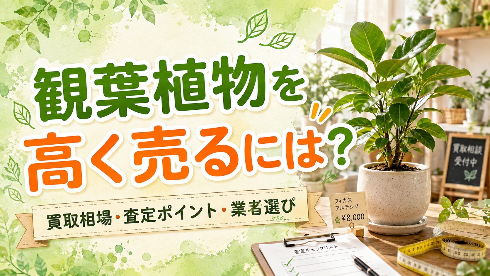 観葉植物の買取相場や査定ポイント、業者選びをイメージしたアイキャッチ画像