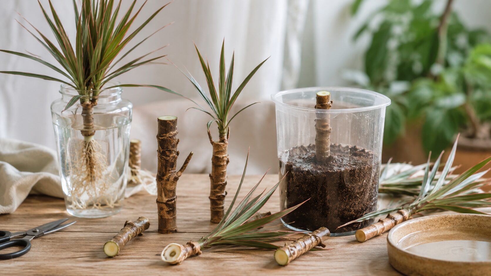 ドラセナの茎を水挿しと土挿しで増やすために、切り分けた幹や葉付きの挿し穂を並べた作業台