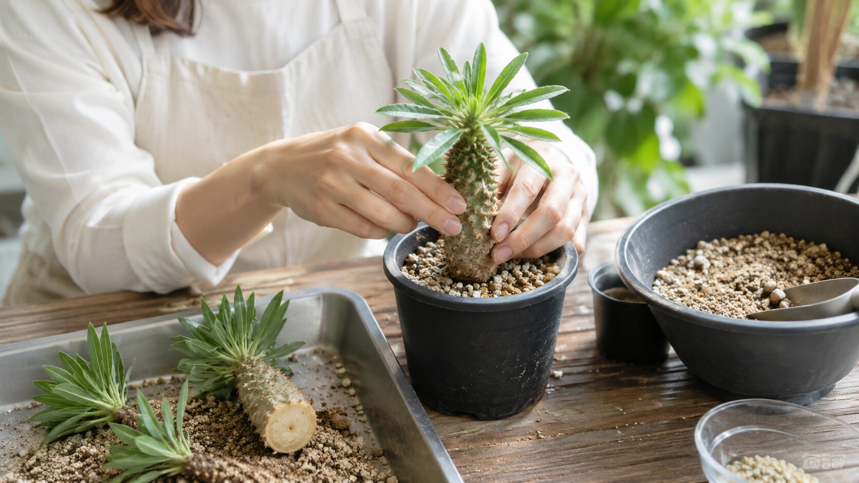 日本人女性がソテツキリンを植え替えながら、切り取った胴切り株と挿し穂を並べている様子。挿し木で仕立て直す作業の写真。
