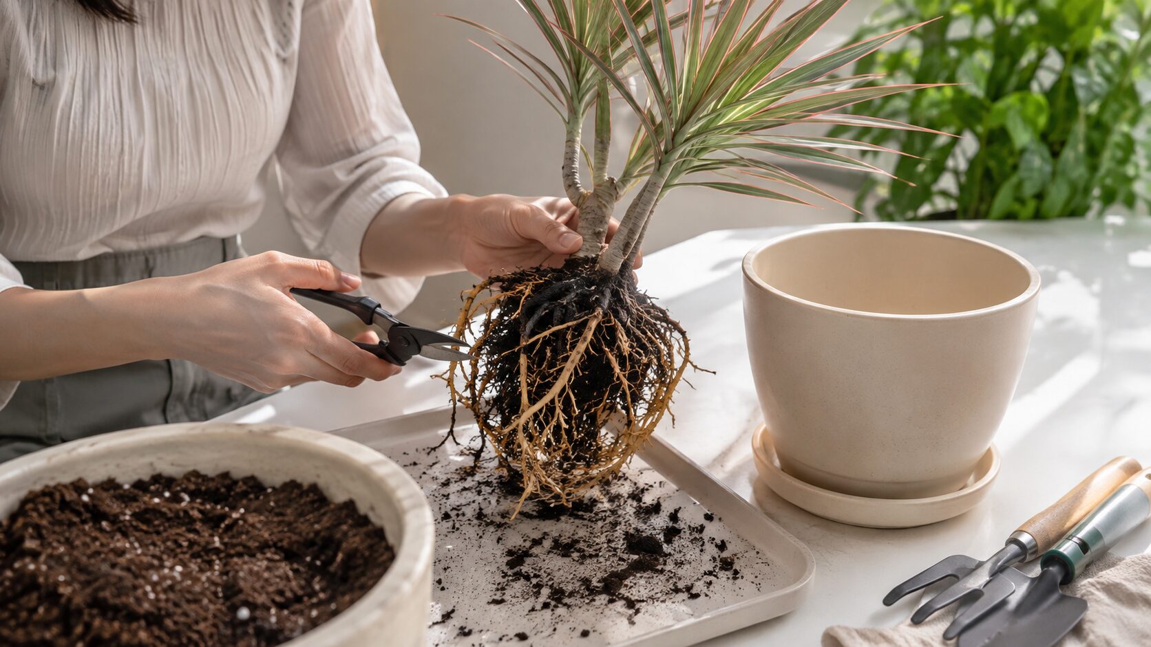 根腐れしたドラセナの黒い根を切って植え替える作業