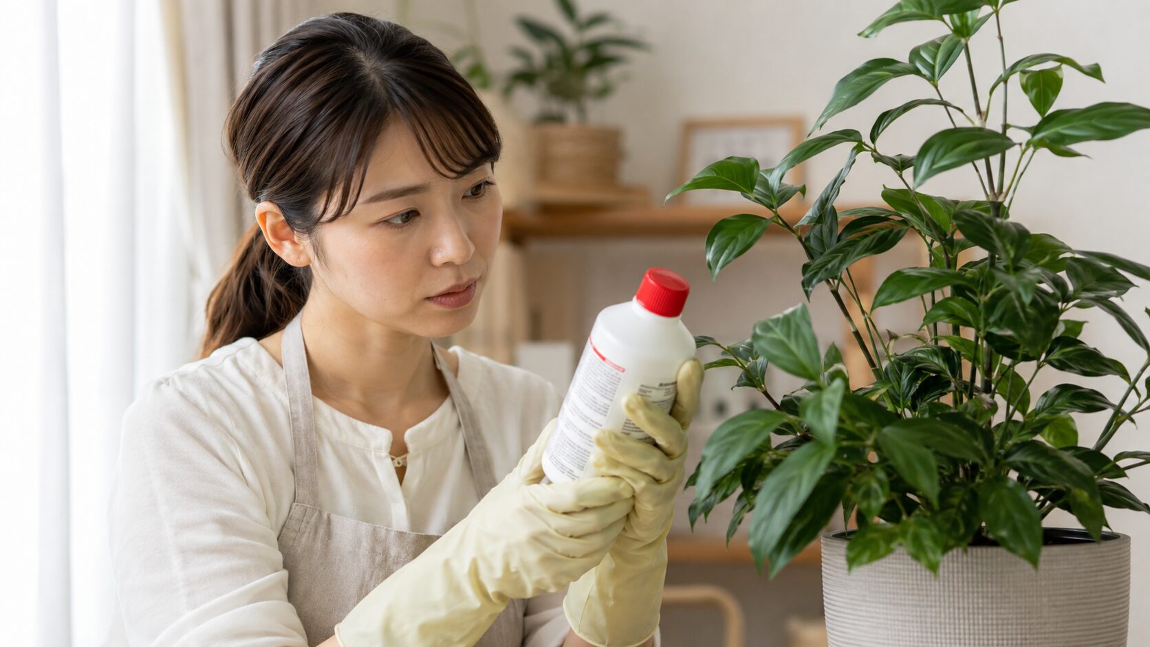 日本人女性が観葉植物のそばで手袋を着用し、殺虫剤のボトル表示を確認している様子