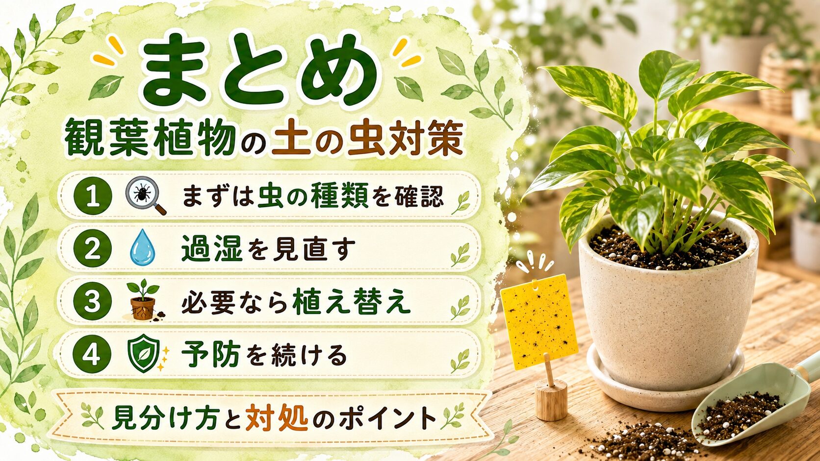観葉植物の土に発生する虫の見分け方と過湿改善・植え替え・予防対策のまとめ