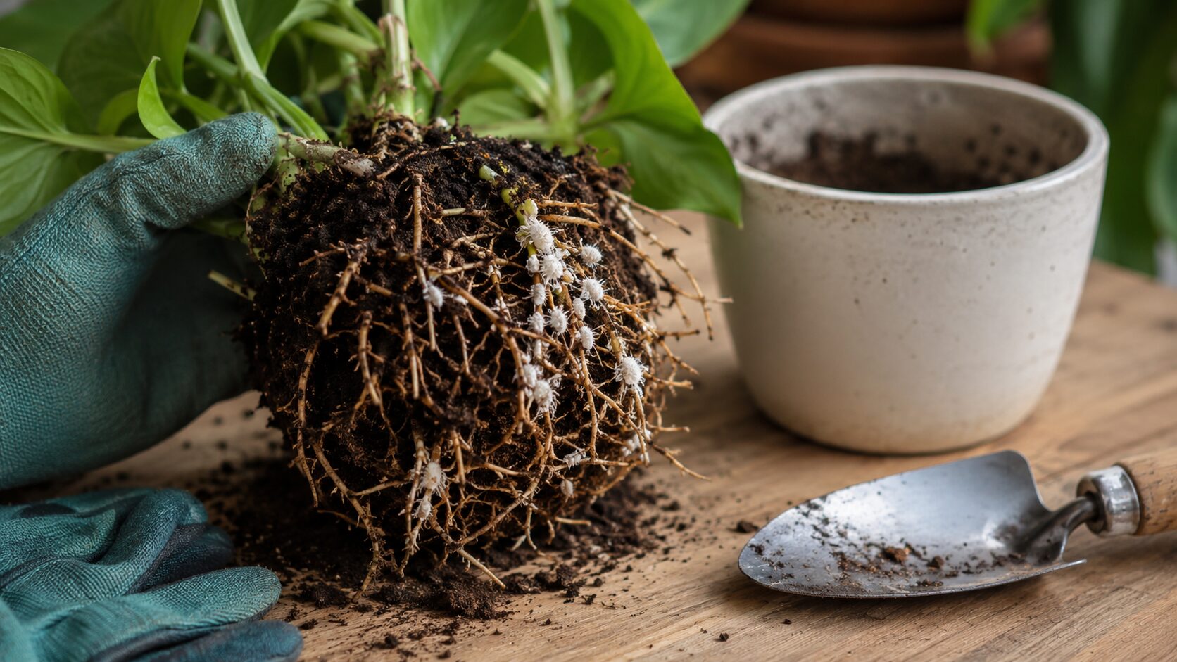 観葉植物を鉢から抜き、根に付いた白い虫を確認している様子を写した画像。根に白い虫がいる場合の注意点をイメージできる見出し画像