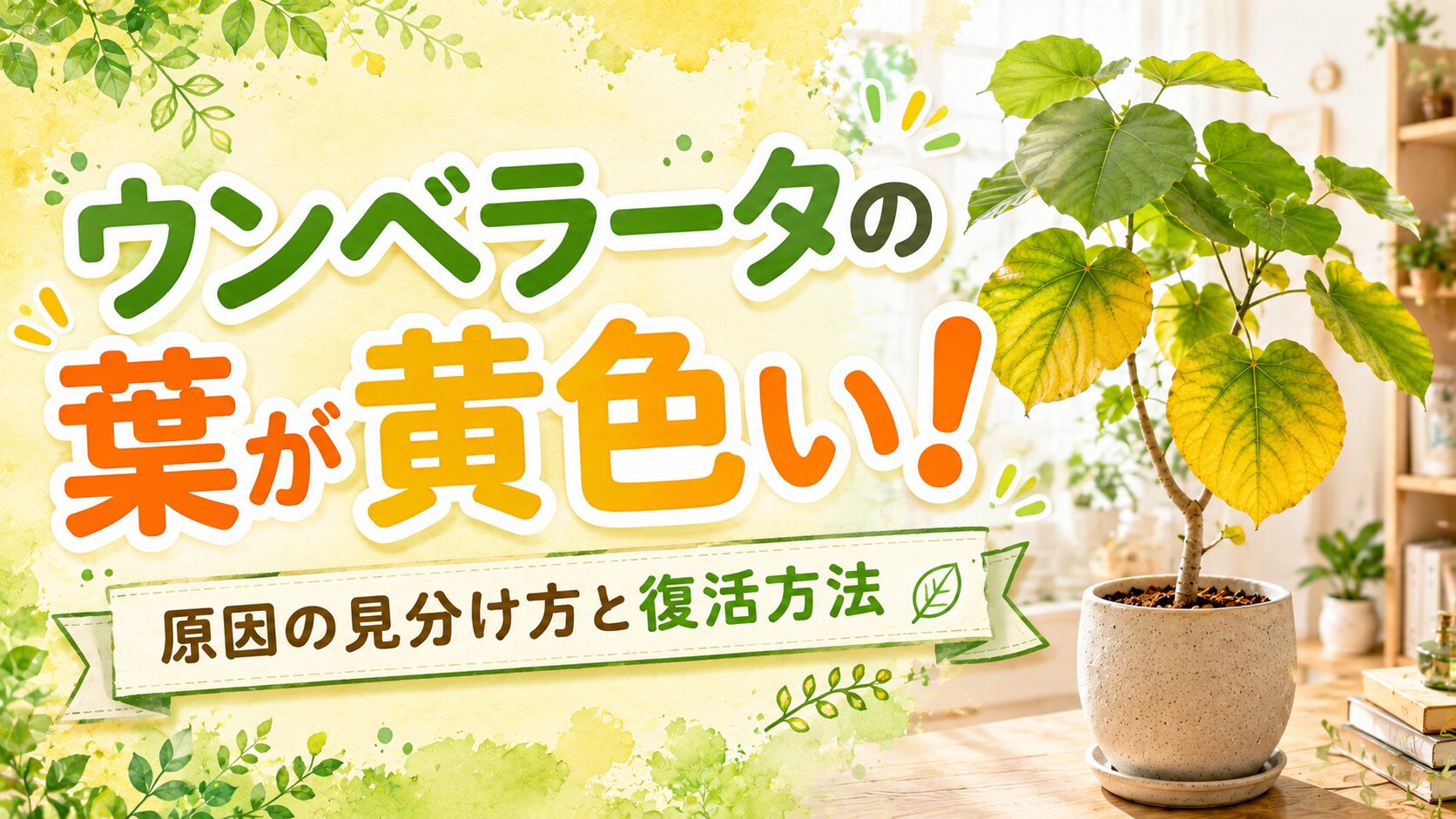 ウンベラータの葉が黄色い原因の見分け方と復活方法を紹介するアイキャッチ画像