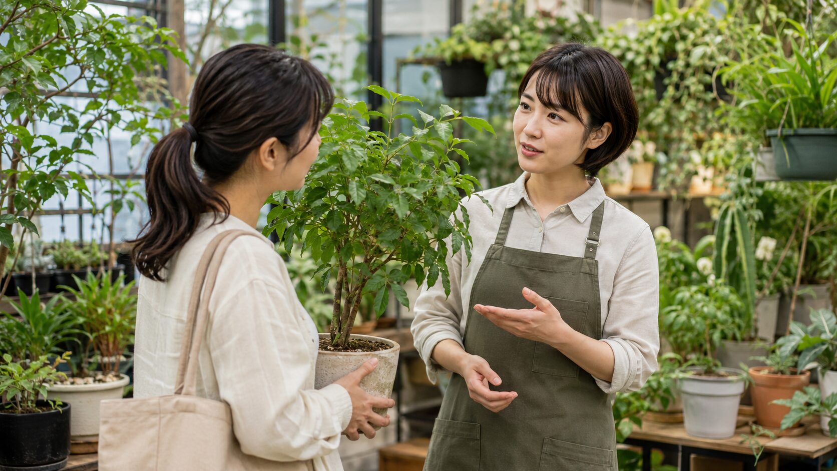 園芸店で観葉植物の引き取りについて専門スタッフに相談する女性