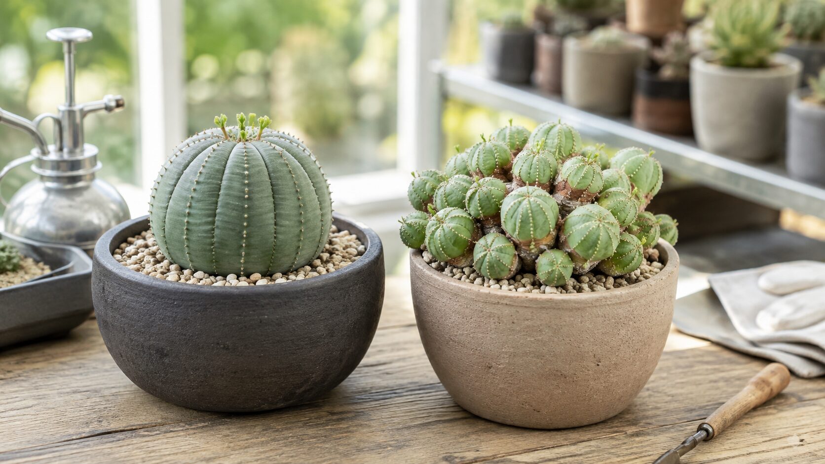 単頭のオベサと群生するオベサブロウを並べ、育て方の違いをイメージしやすくした鉢植え写真