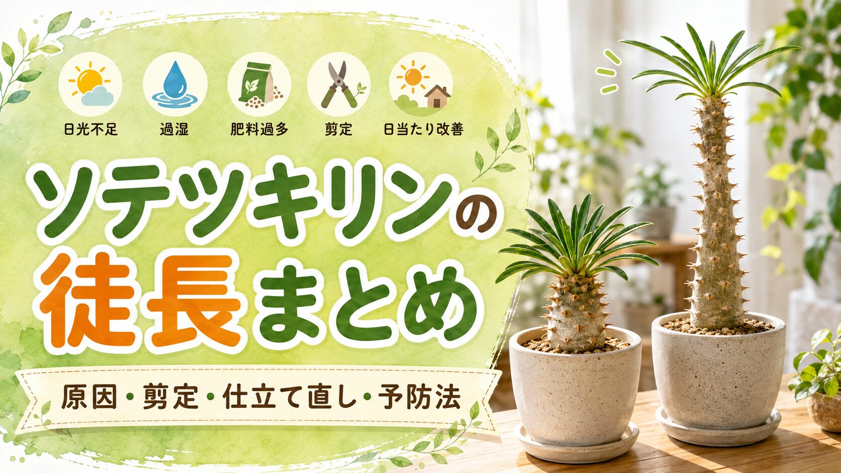 ソテツキリンの徒長原因と対策をまとめた画像。日光不足・過湿・肥料過多・剪定・日当たり改善のポイントと、健康な株と徒長した株を分かりやすく表現。