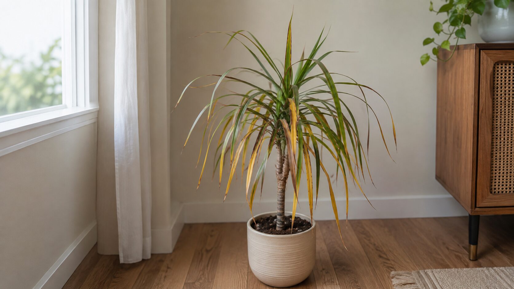 葉が黄色く変色して垂れている鉢植えのドラセナ