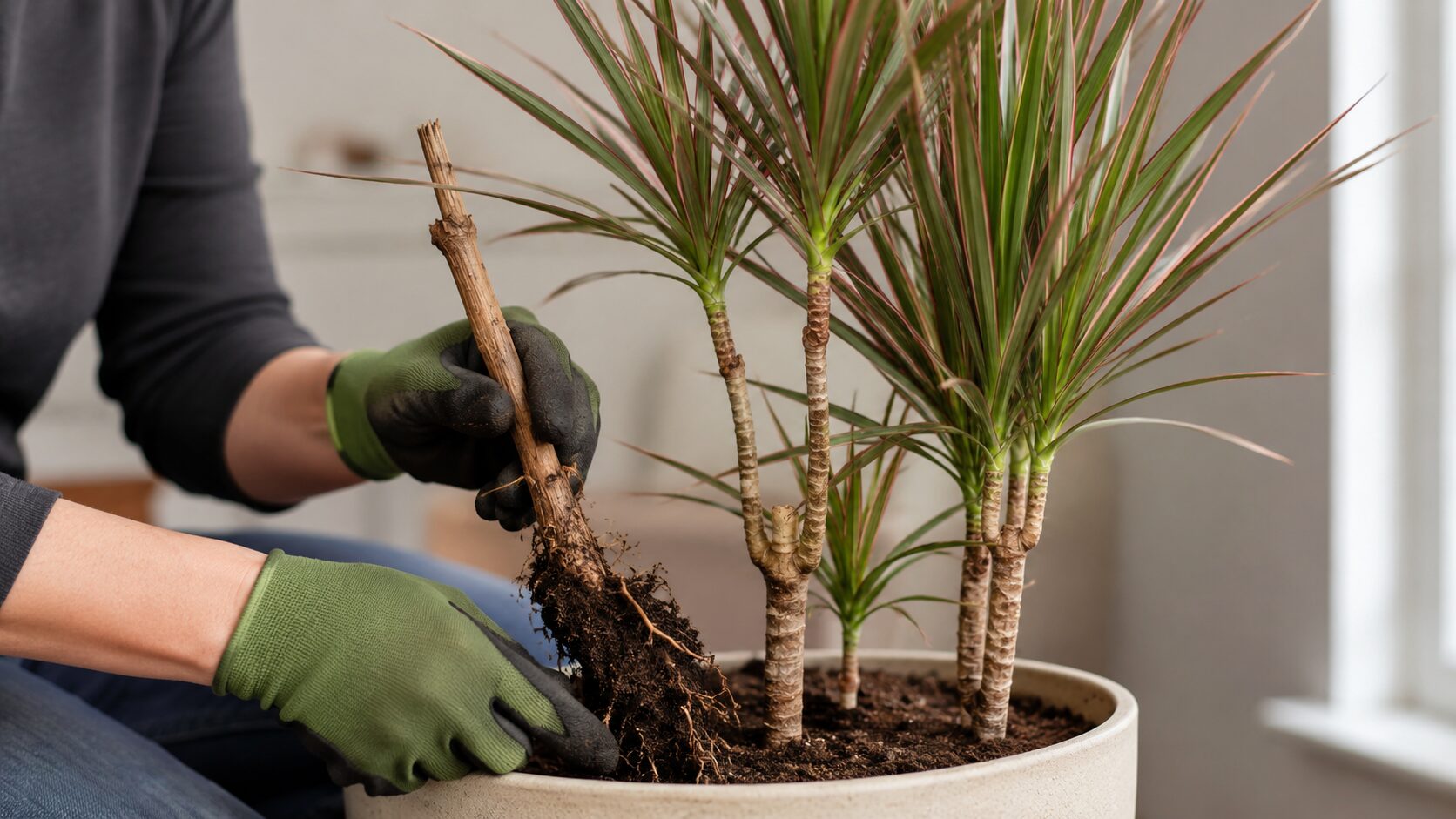 寄せ植えされたドラセナから、枯れた幹だけを根ごと慎重に取り除いている作業風景