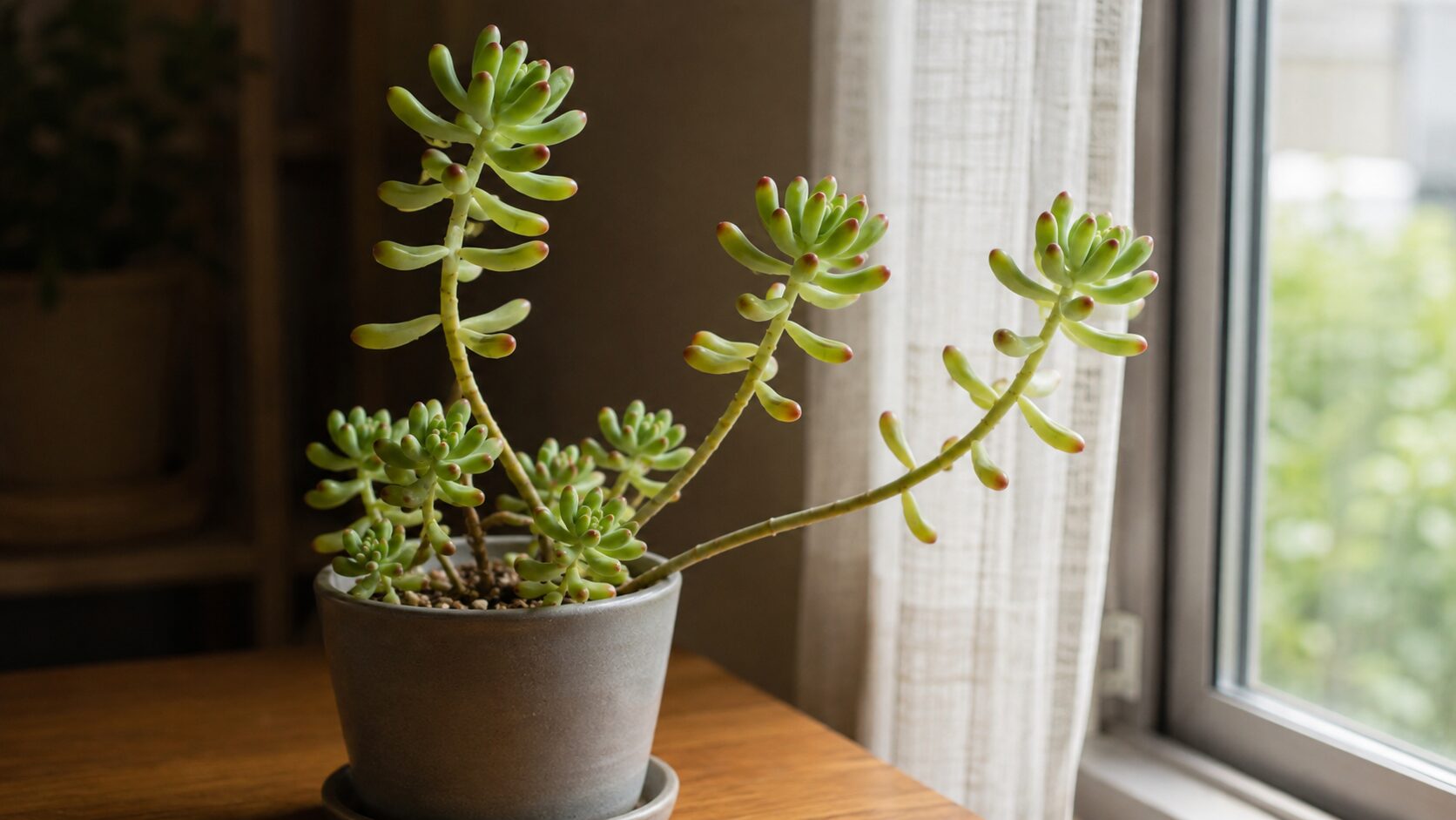 窓辺の光に向かって茎が大きく伸びた乙女心の鉢植え。日照不足で徒長しやすい様子を表した写真。