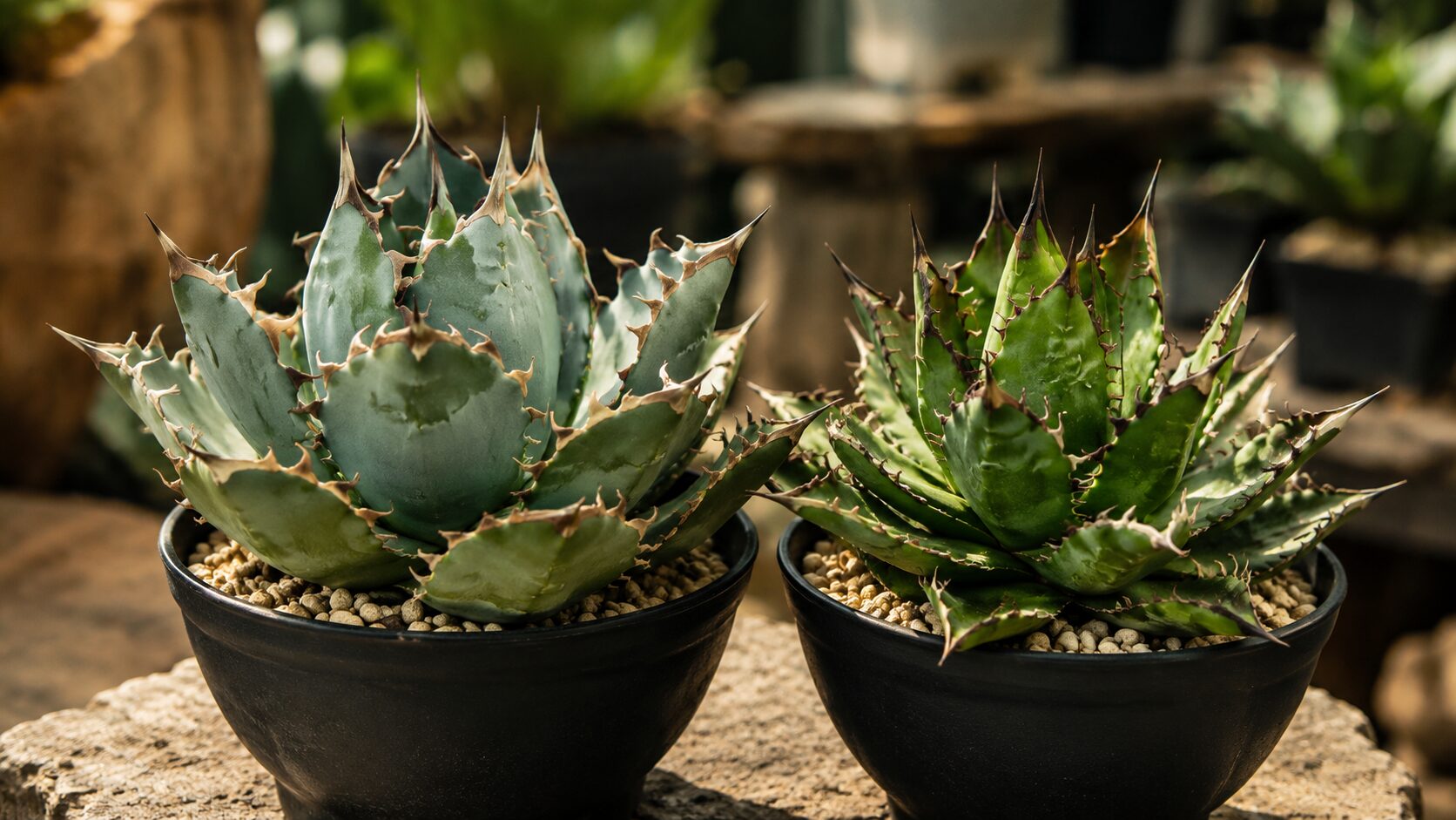 鉢植えのアガベ・チタノタとオテロイを並べて撮影した比較写真。左は青白く幅広い葉、右は緑色でやや細長い葉が目立つ
