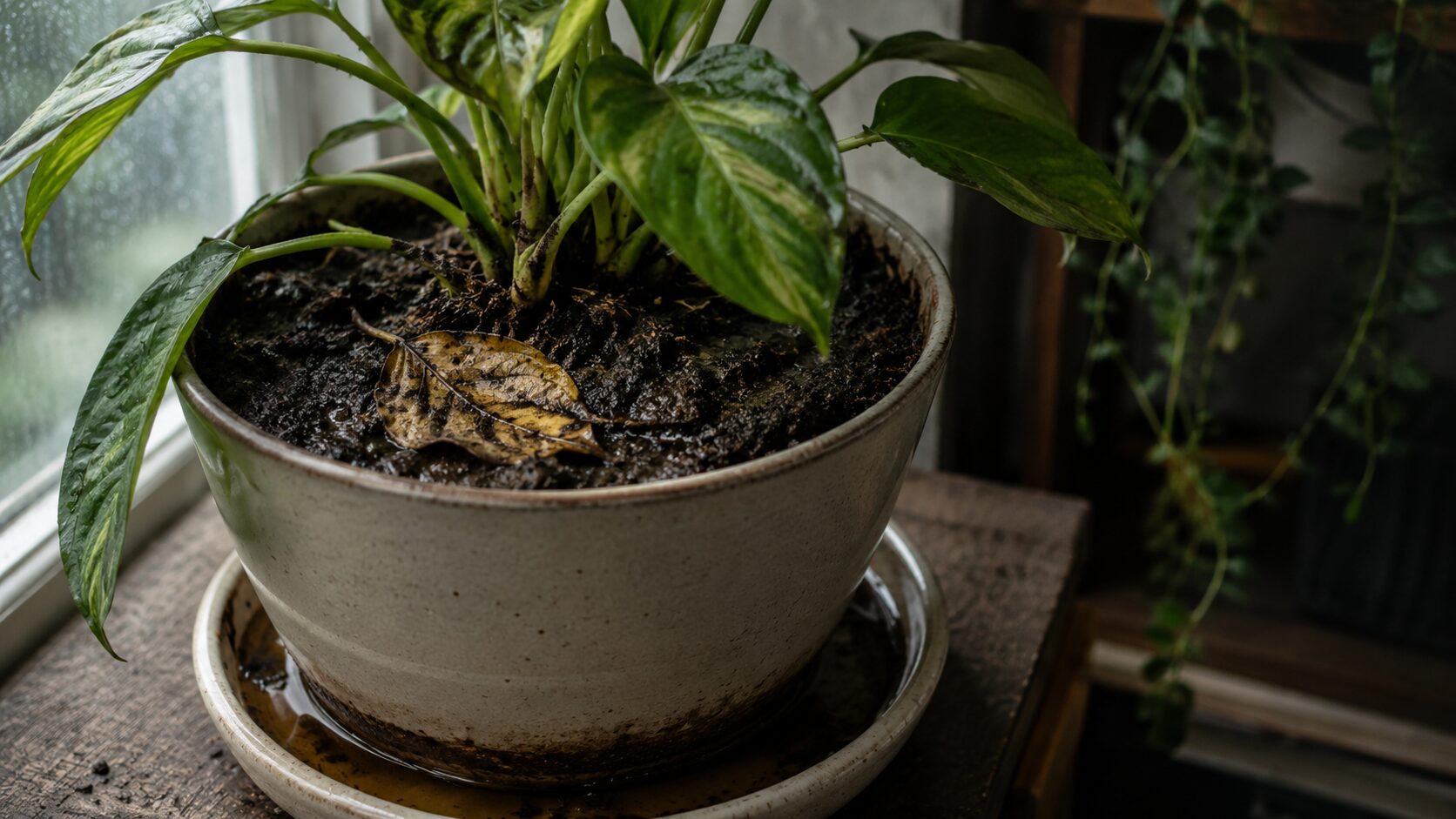 受け皿に水がたまり、湿った鉢土と枯れ葉が残った観葉植物の鉢を写した画像。土に虫が発生する主な原因をイメージできる見出し画像