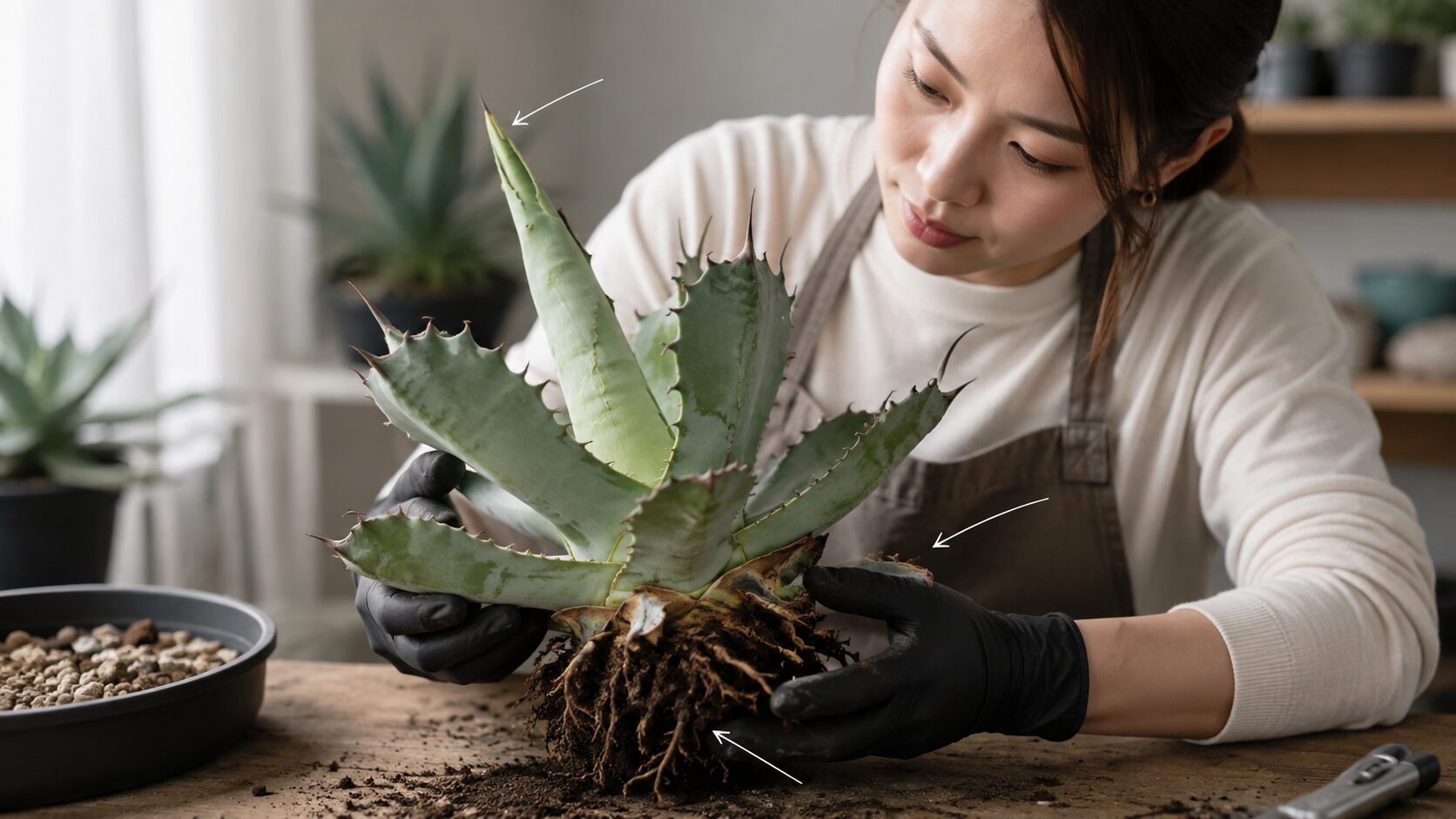 日本人女性がアガベを鉢から抜いて根と株元を確認している写真。徒長と根腐れの見分け方をイメージしやすい。