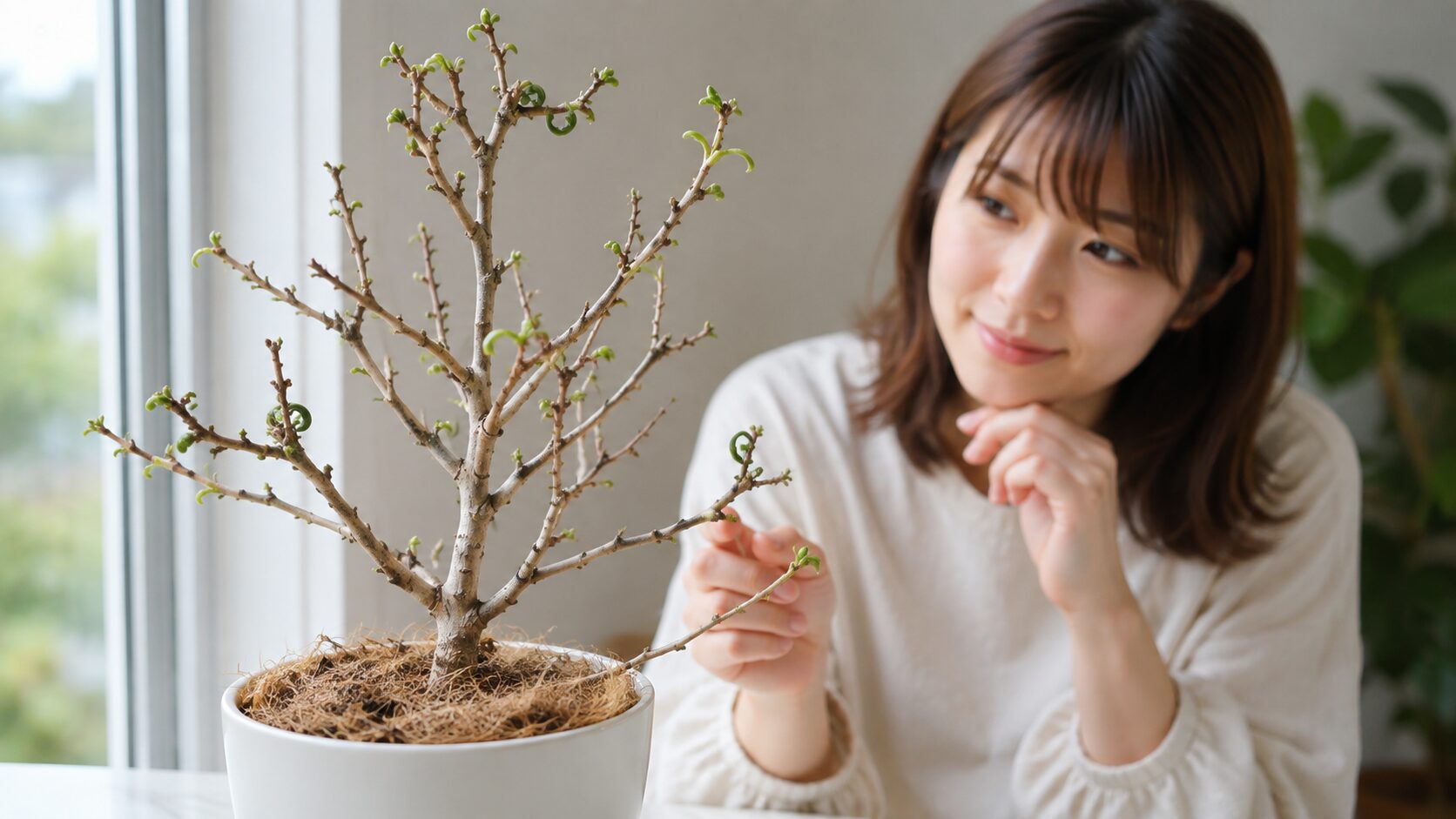 葉が全部落ちた後に新芽が出始めたベンジャミンバロック