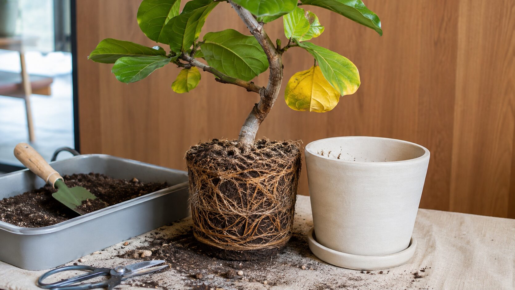 根詰まりしたウンベラータの根鉢と植え替え作業の様子