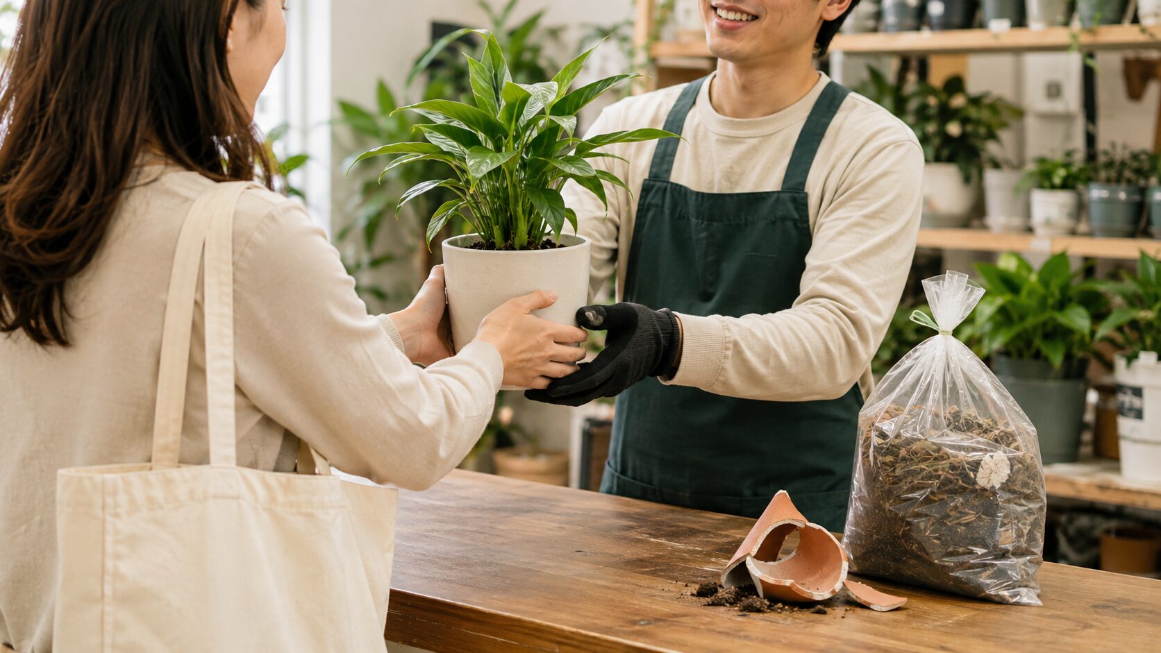 観葉植物の引取対応を受ける店頭で、土や割れた鉢も並ぶ無料引取と処分のイメージ