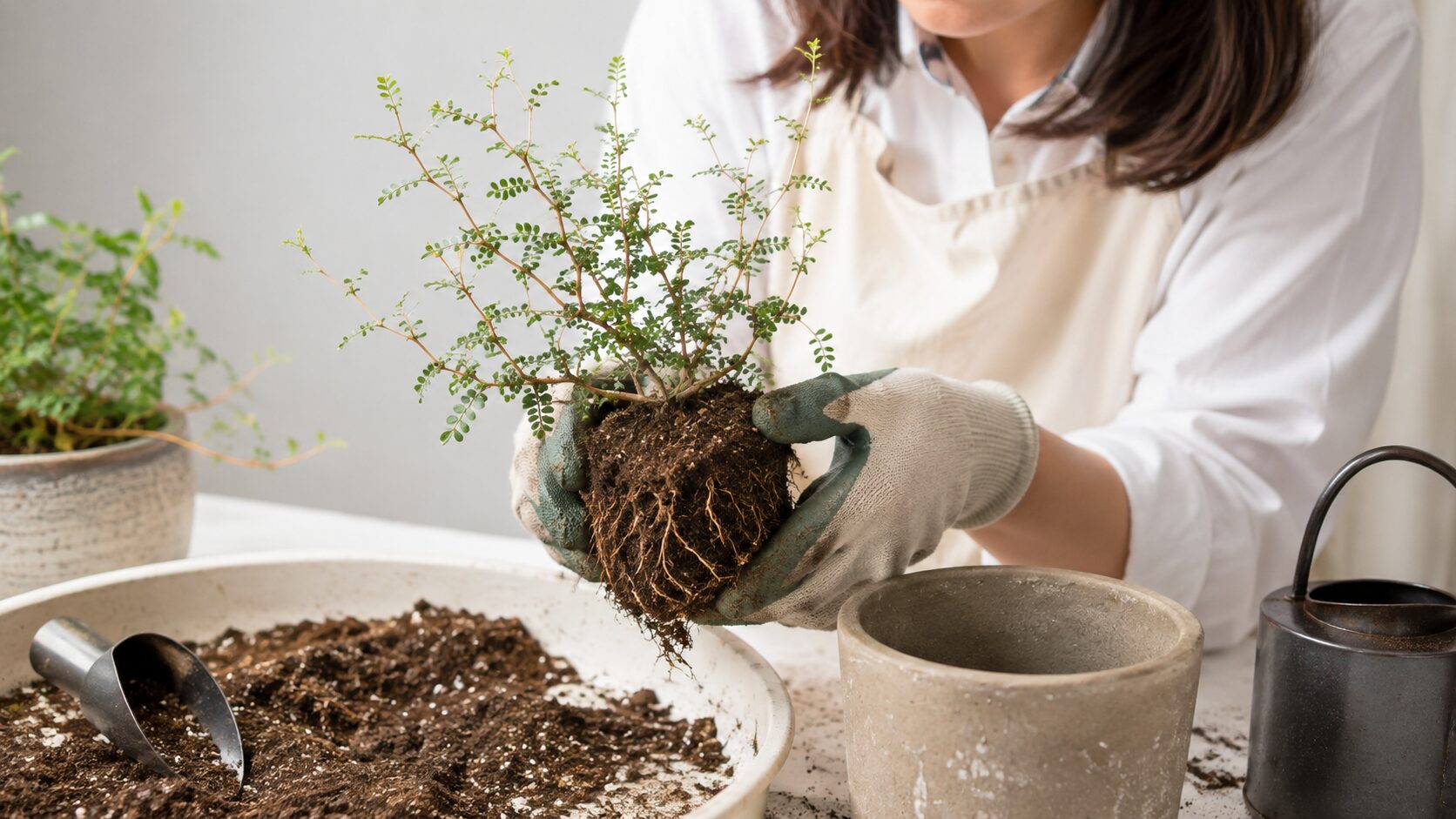 根腐れしたソフォラ・リトルベイビーの根を確認して植え替える様子