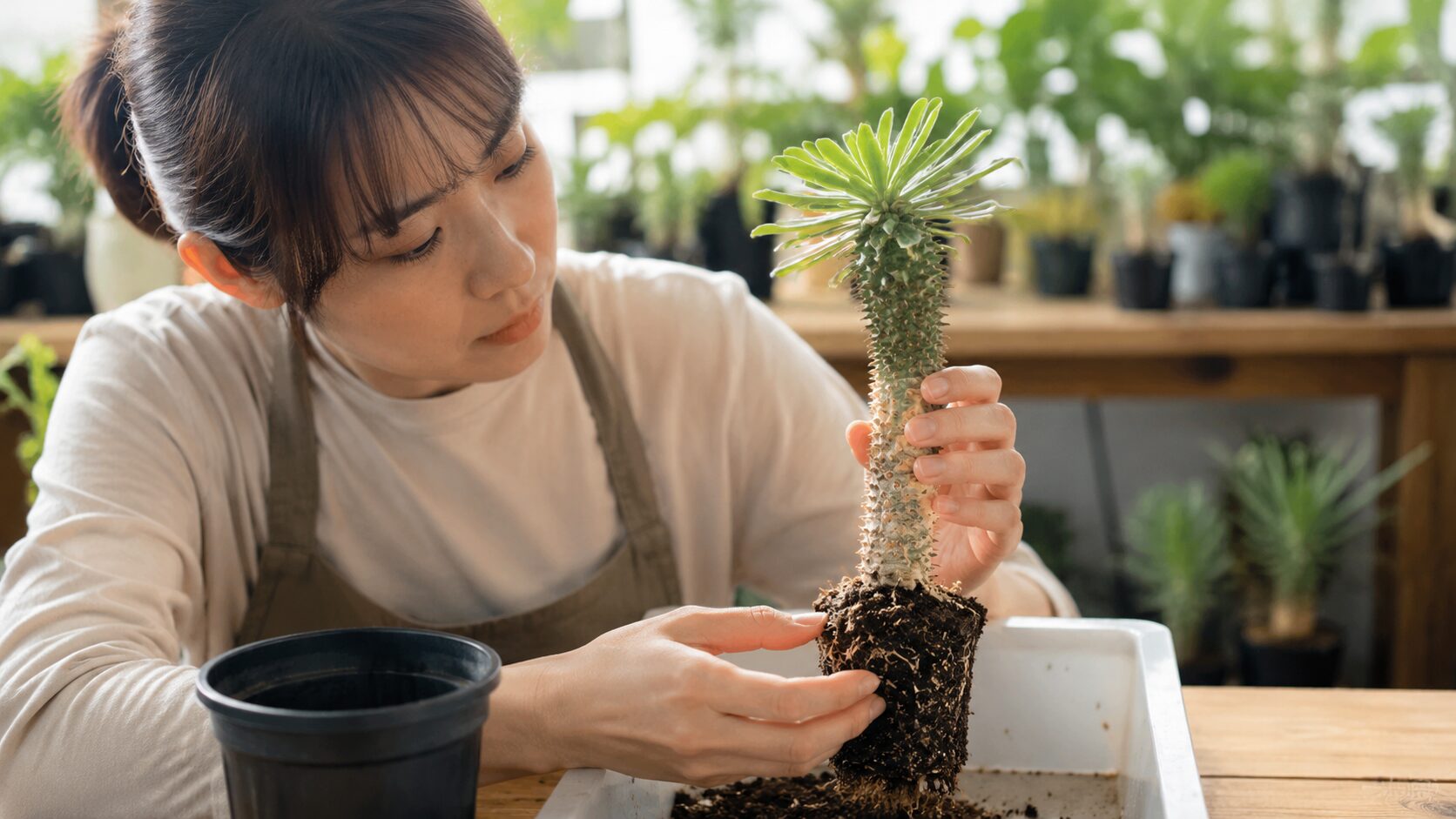日本人女性がソテツキリンを鉢から抜いて根の状態を確認している様子。徒長と根腐れの見分け方を表す写真。