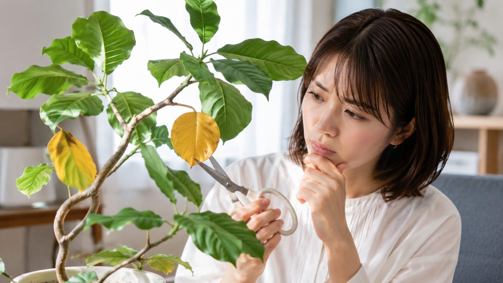 黄色い葉を切るべきか確認しているウンベラータの実写画像