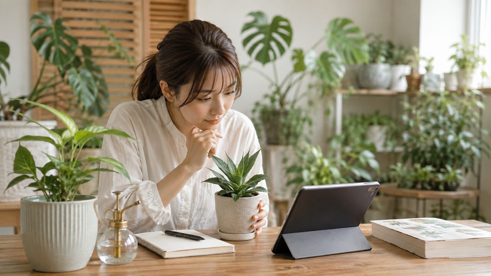 観葉植物の名前がわからないときに植物の特徴や図鑑から種類を調べる様子
