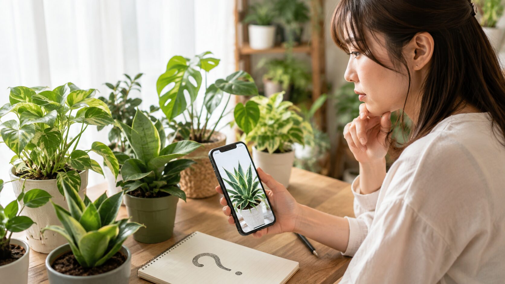 観葉植物の写真をスマホで比較して無料で植物名を調べる日本人女性