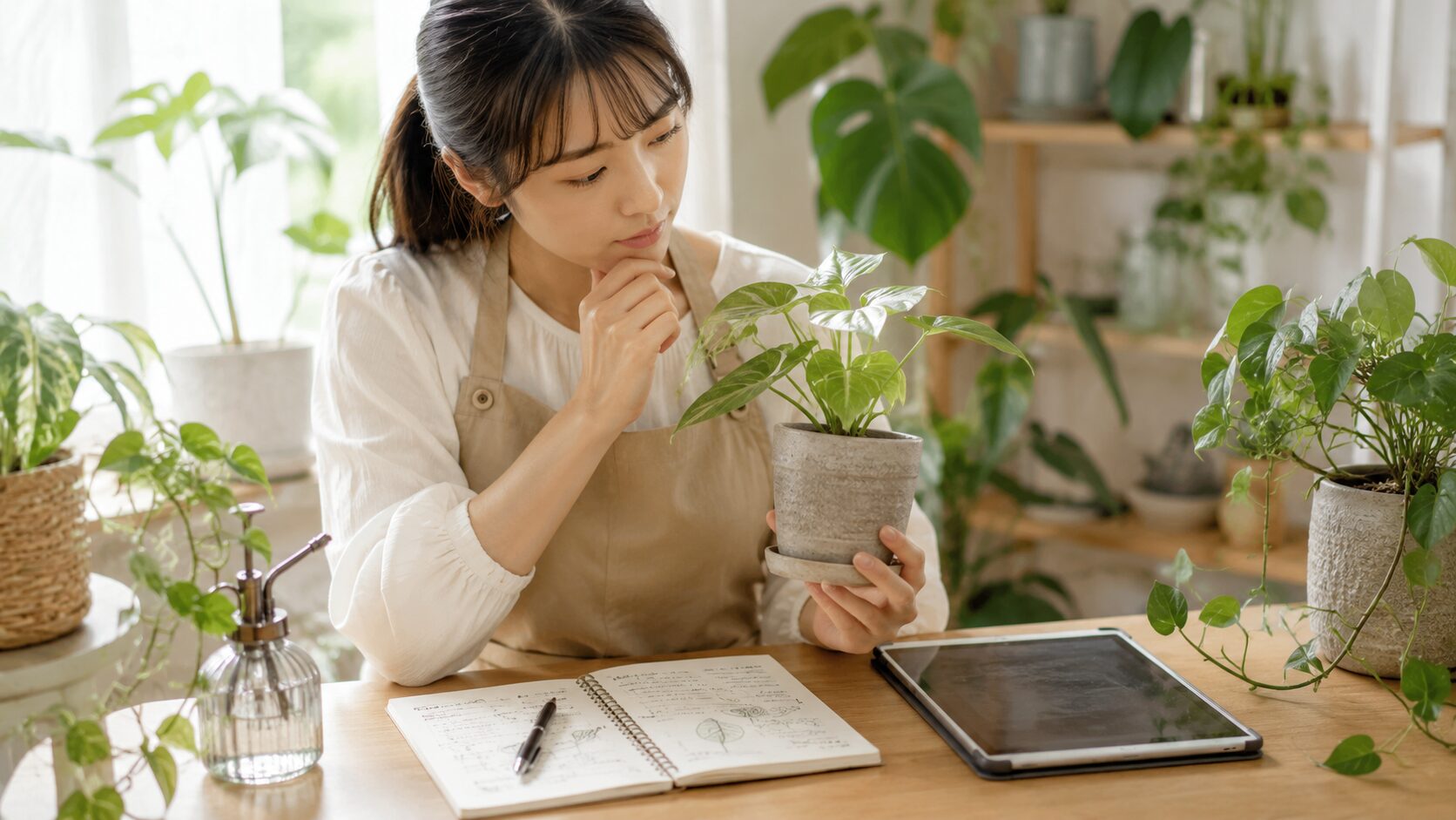 観葉植物の写真や特徴を確認してGoogleレンズで名前を調べるイメージ