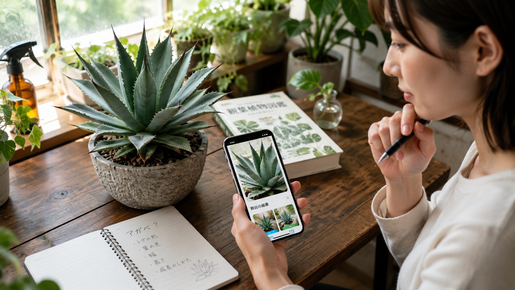 無料の植物判定アプリで観葉植物の写真から名前の候補を調べる様子