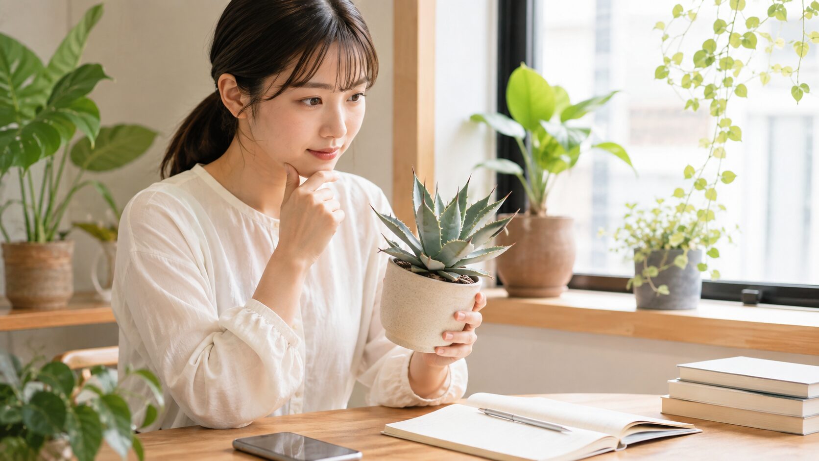 観葉植物の葉っぱの形や付き方を観察して名前の候補を絞る日本人女性