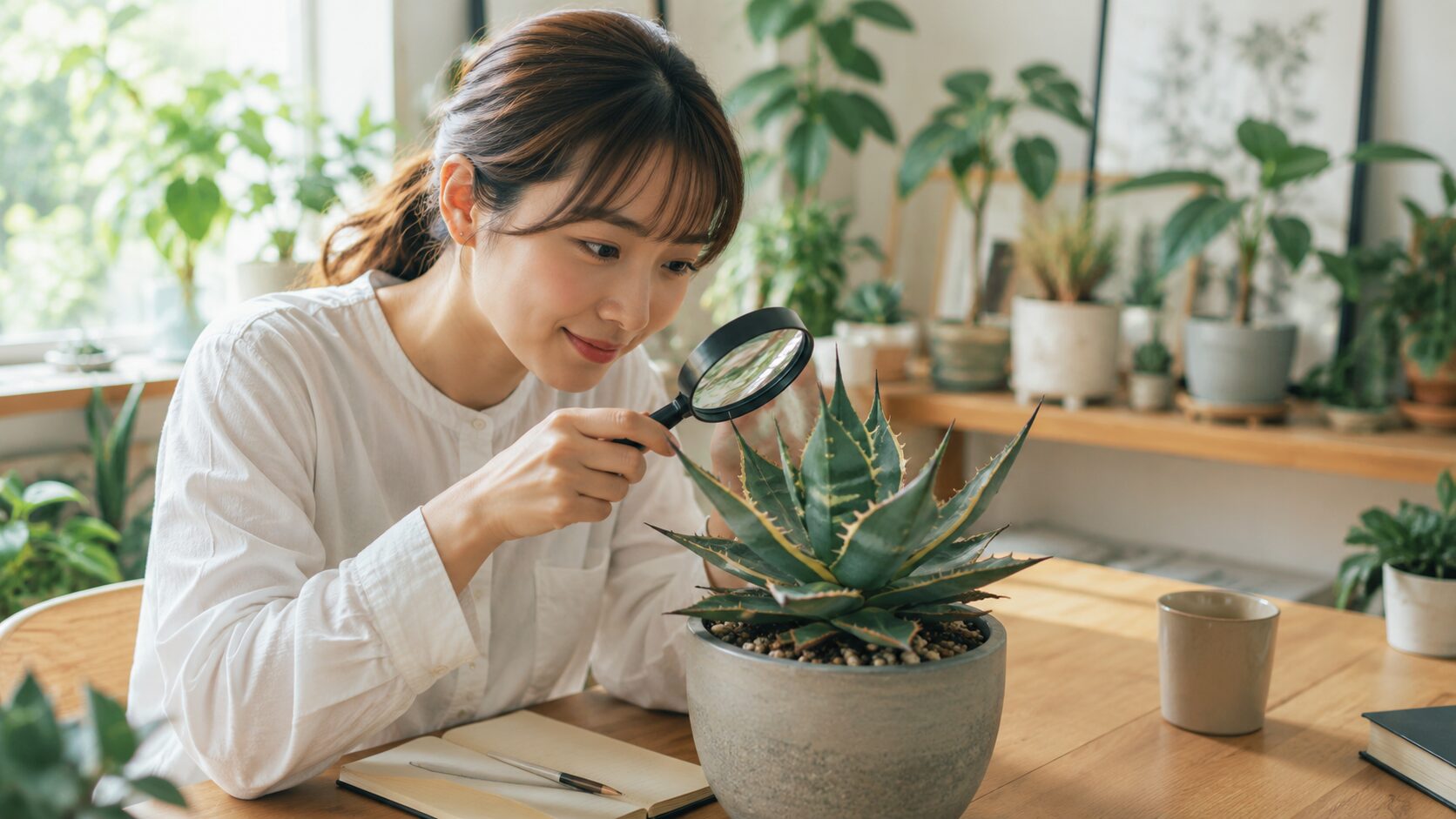 観葉植物の茎や葉の付き方、樹形を観察して種類を見分ける様子