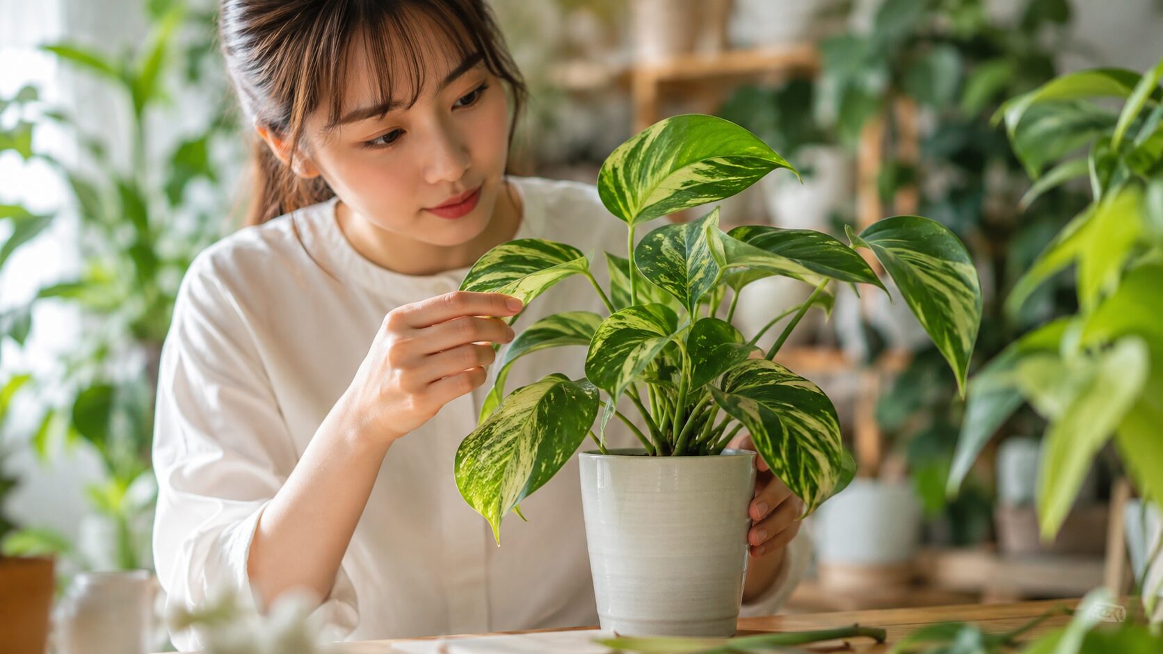 斑入りの観葉植物を観察しながら、葉の色や模様から種類の候補を探す様子