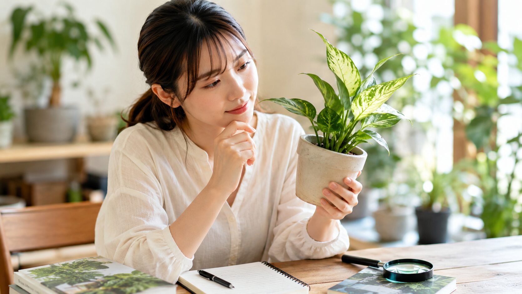 小さな鉢植えの観葉植物を手に取り、100均やダイソーで買った植物の名前を調べるイメージ