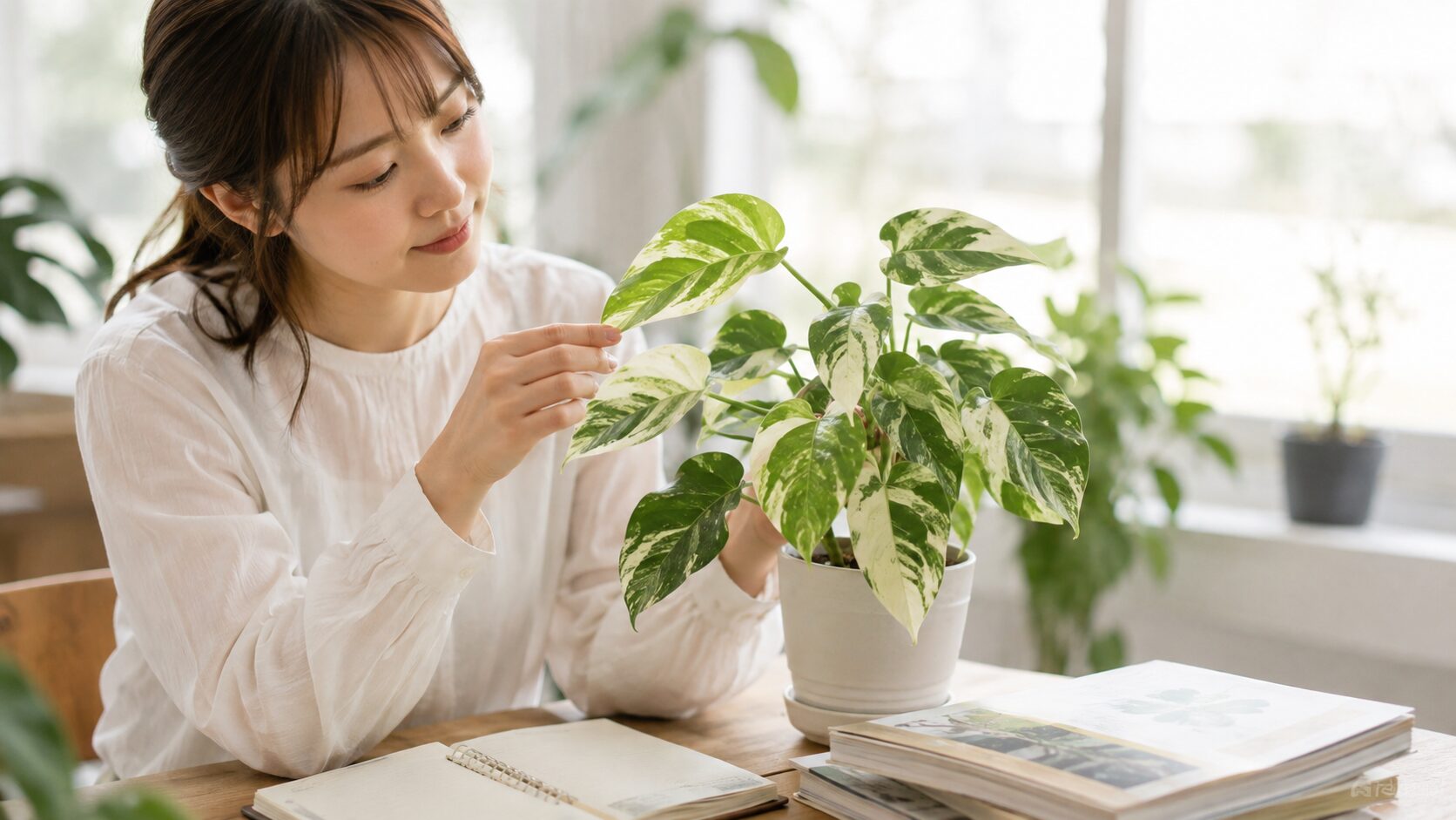 似ている観葉植物の葉を比較しながら、形や模様の違いを見分ける日本人女性