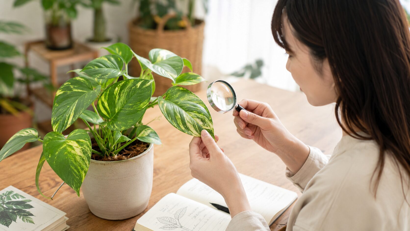 AI判定が違うときに、観葉植物の葉を虫眼鏡で確認しながら特徴を見直す様子