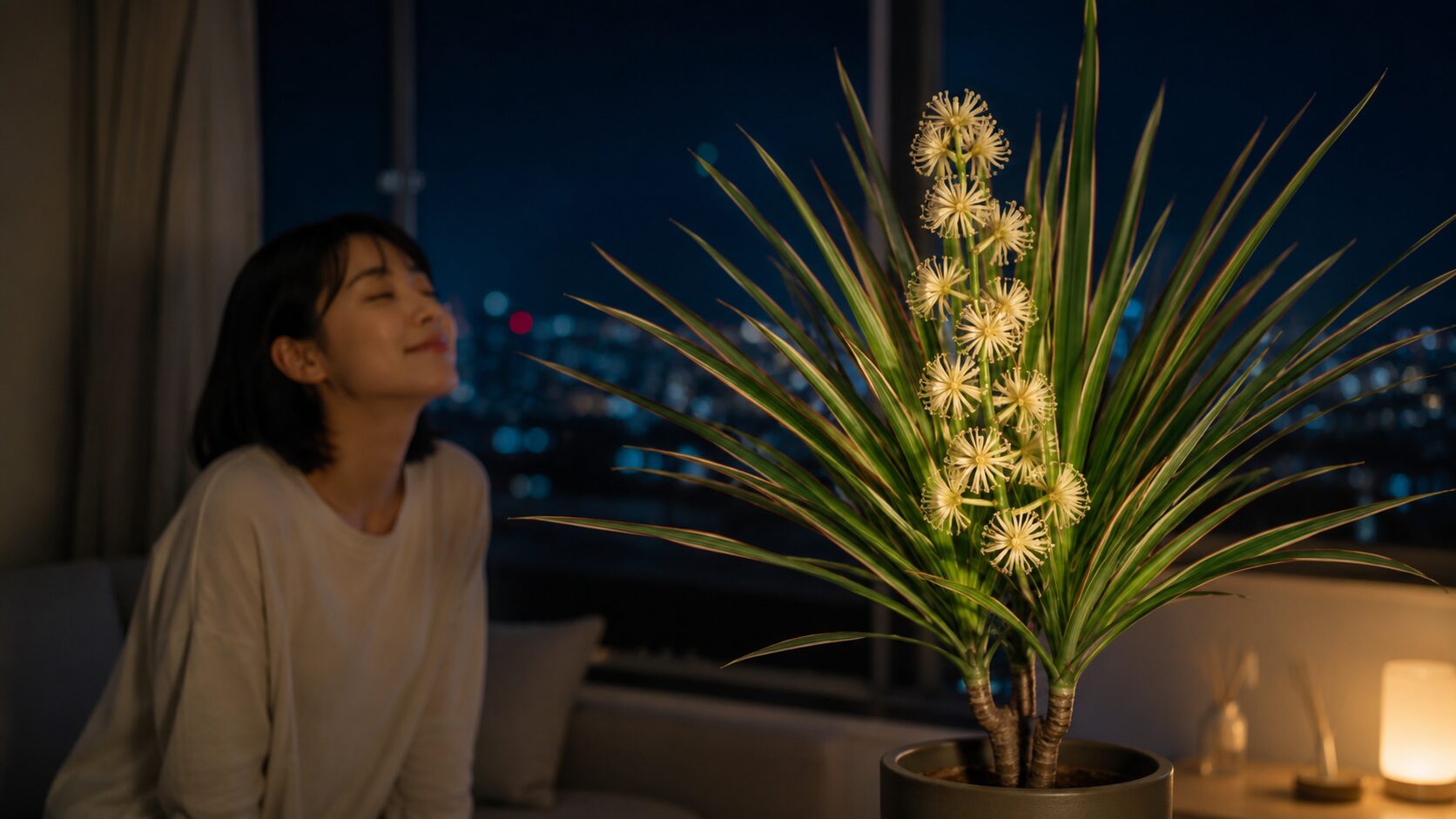 夜に香る花を咲かせたドラセナを楽しむ日本人女性