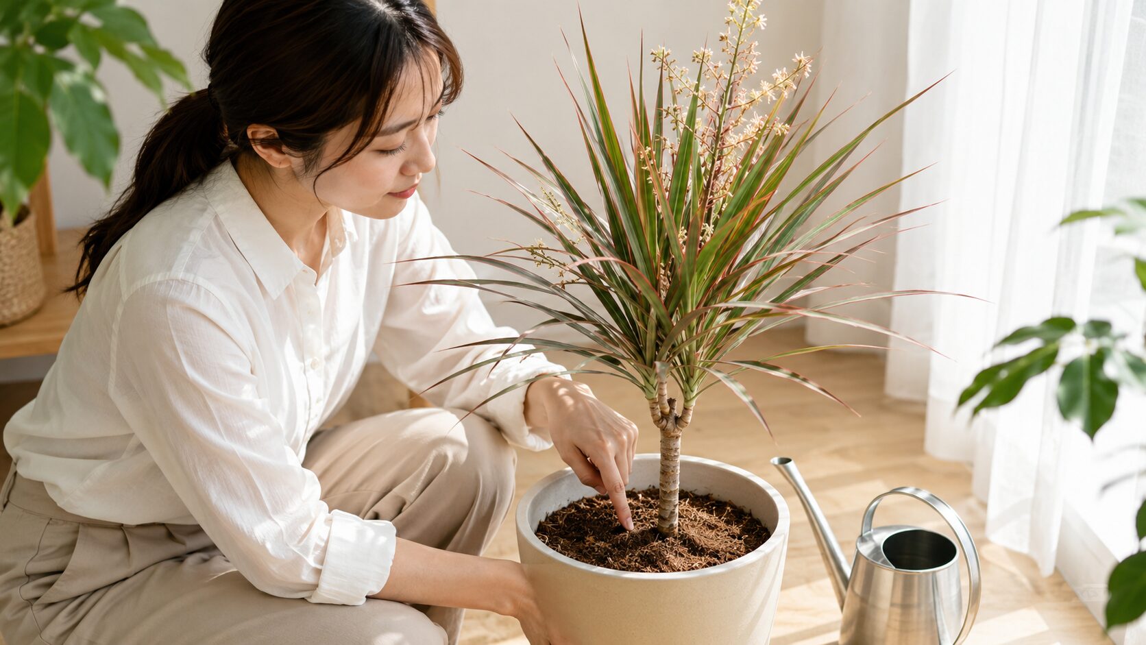 開花後のドラセナの土の状態を確認する日本人女性