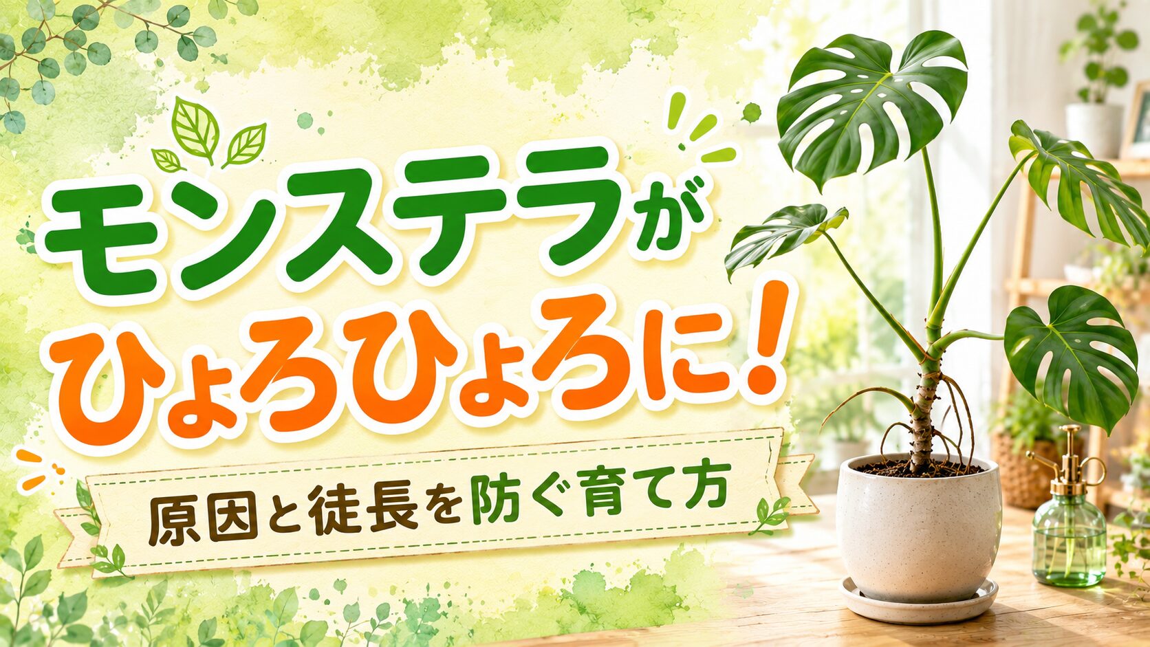 ひょろひょろに伸びたモンステラを背景に、原因と徒長を防ぐ育て方を分かりやすく紹介した記事のアイキャッチ画像