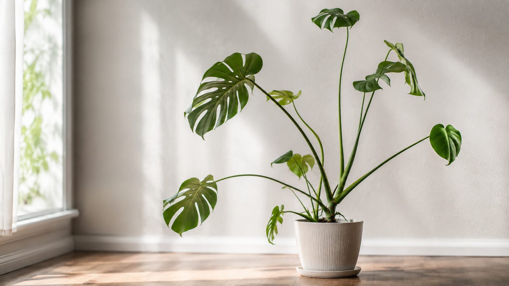 室内の鉢植えモンステラが細長く間延びして育ち、茎や葉柄がひょろひょろと伸びた様子を写した写真