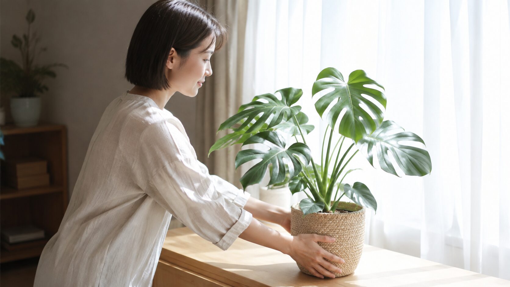 日本人女性がモンステラの鉢を明るい窓辺へ移動している写真。日照不足を改善する置き場所の見直しをイメージできる