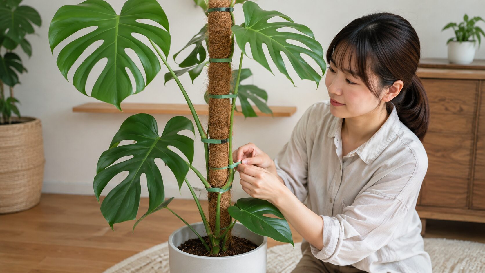 日本人女性がモンステラを支柱に固定している写真。倒れやすい茎を支えながら上向きに誘引する様子