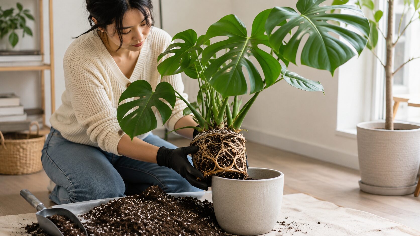 日本人女性が根鉢の回ったモンステラを新しい鉢へ植え替えている写真。根詰まり解消のための植え替え作業を表した様子