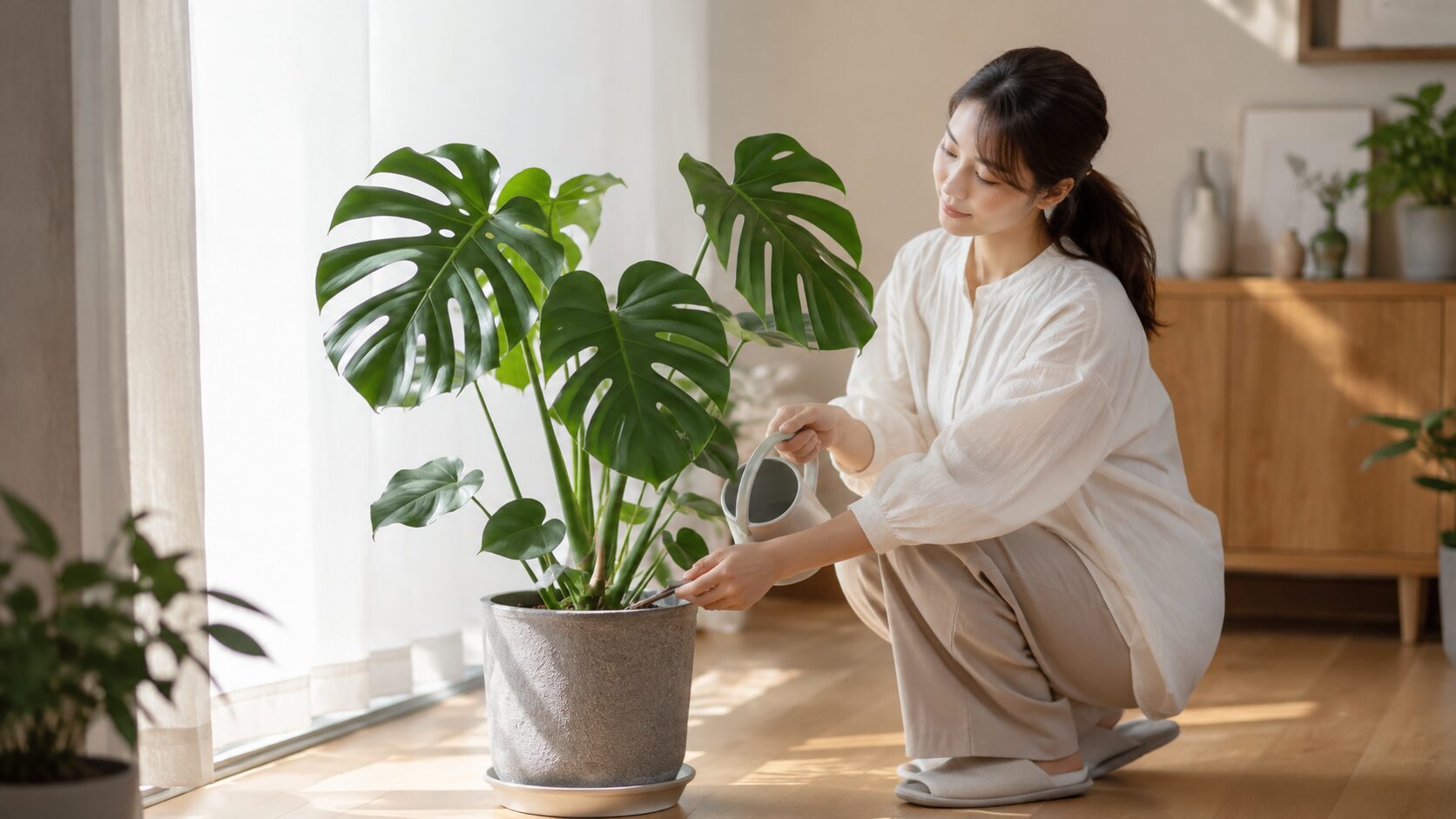 日本人女性が明るい窓辺でモンステラに水やりをしている写真。適切な光と水管理で再発を防ぐ育て方をイメージできる