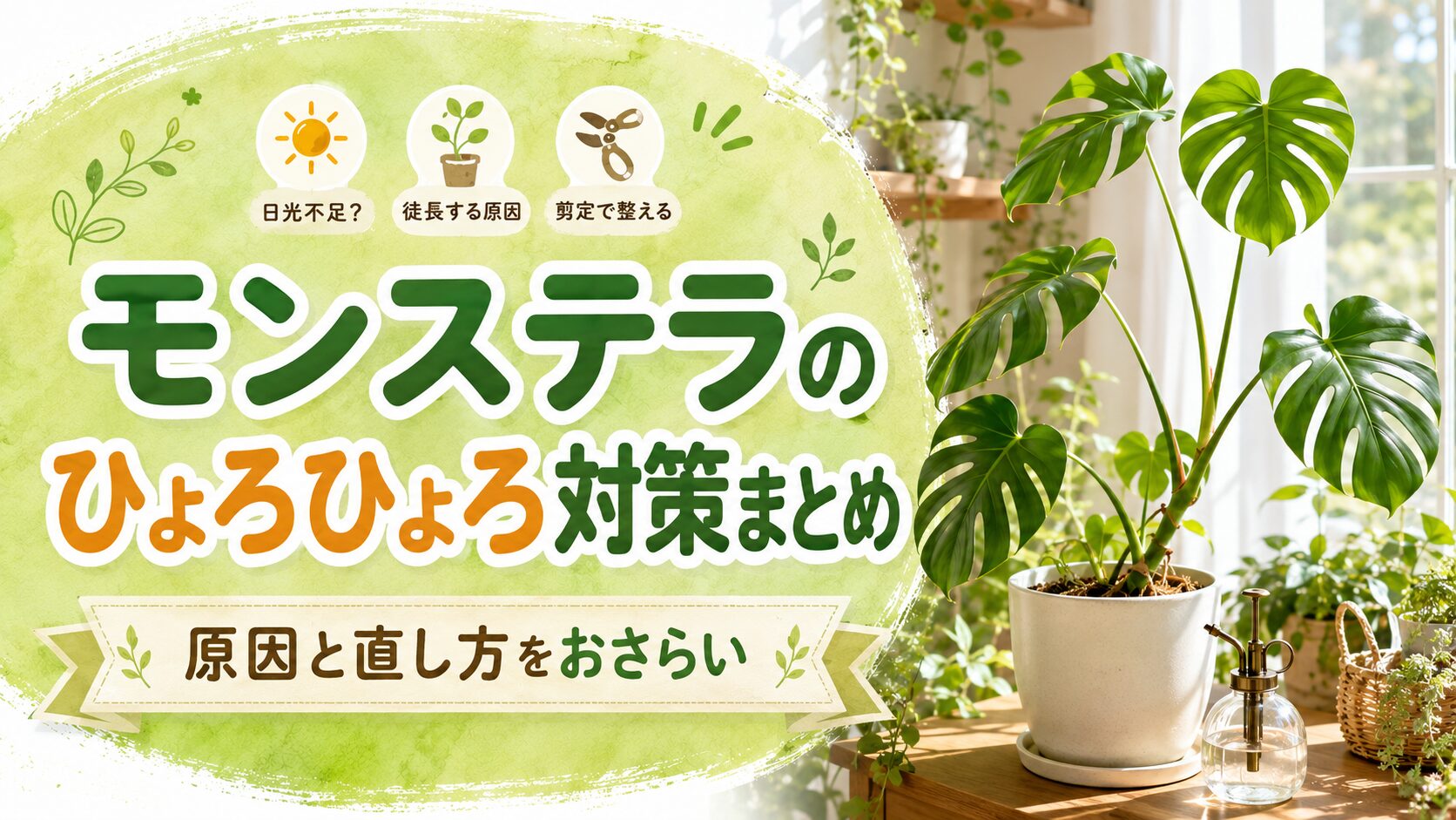 モンステラがひょろひょろになる原因と直し方をまとめた記事のまとめ画像。明るい室内に置かれたモンステラとともに、日光不足・徒長の原因・剪定で整えるポイントを分かりやすく表現している