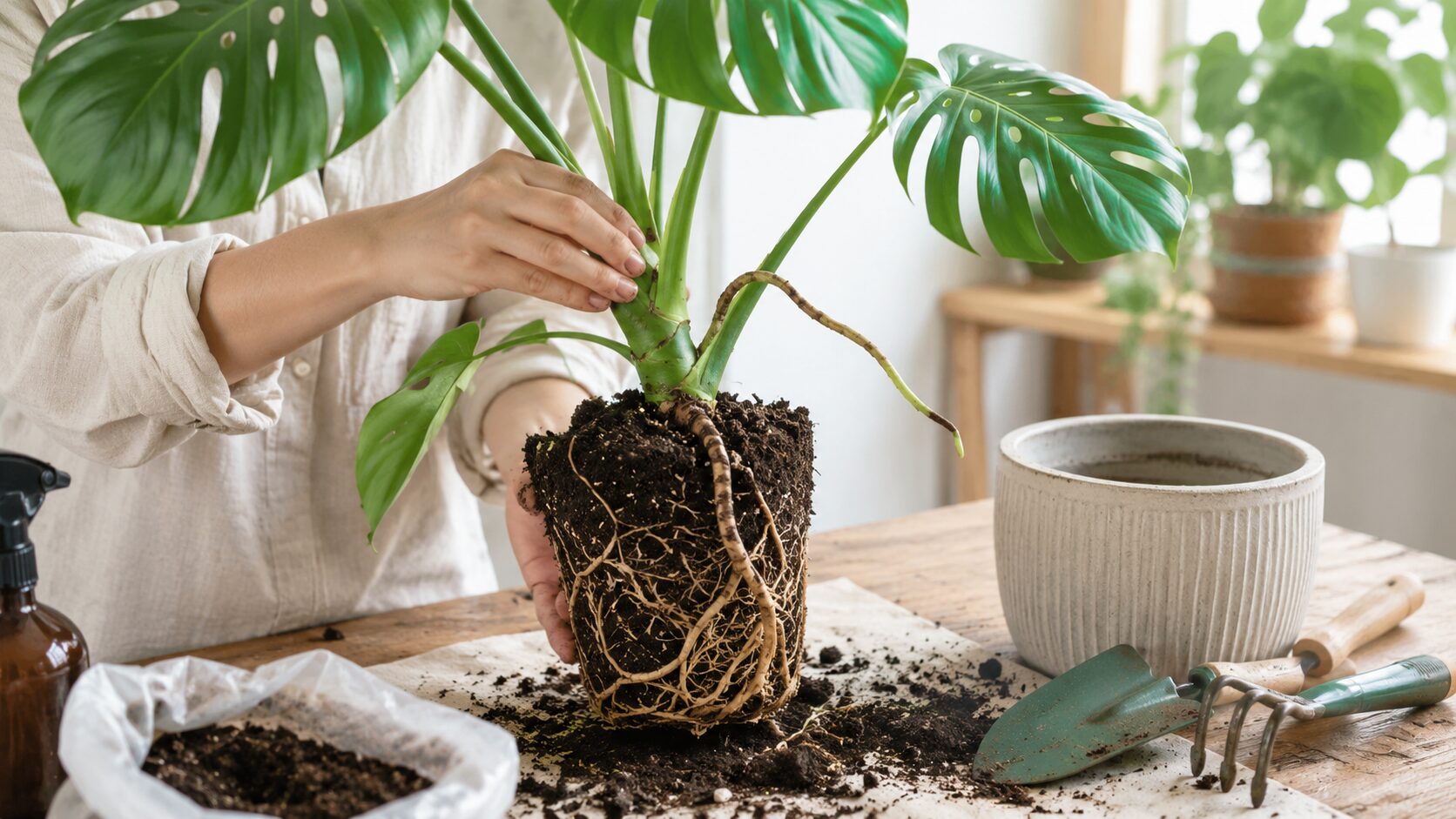 植え替え中のモンステラで、茎から伸びる気根と土中に広がる通常の根を確認している様子