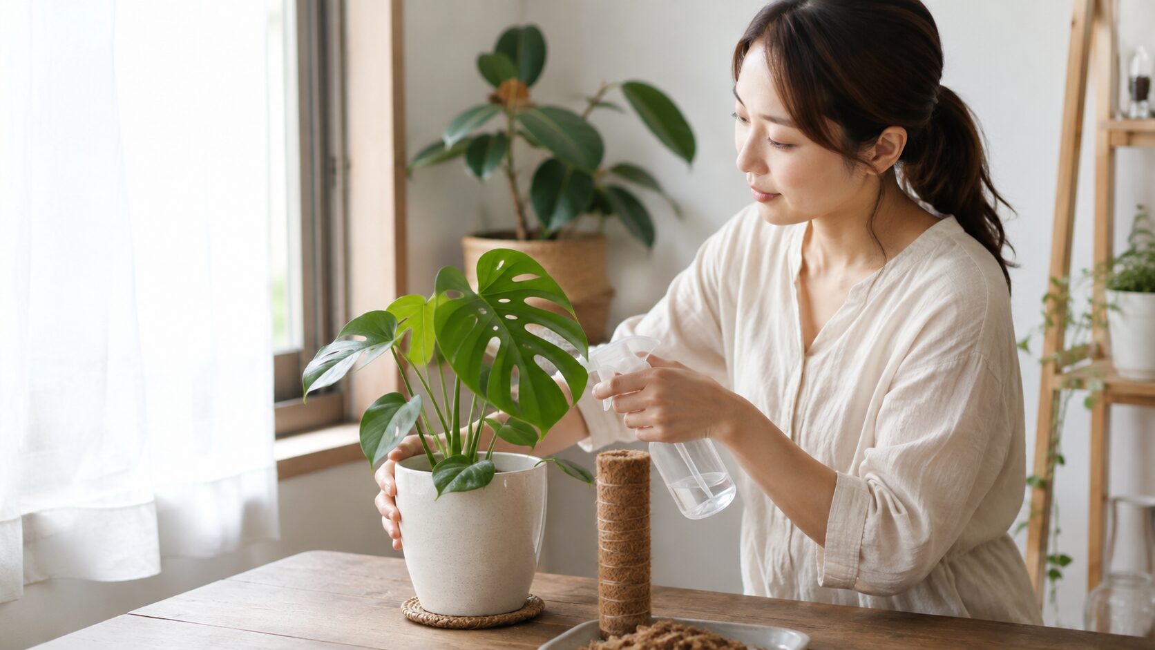 明るい窓辺でモンステラに葉水を行い、モスポールを準備して生育環境を整える女性