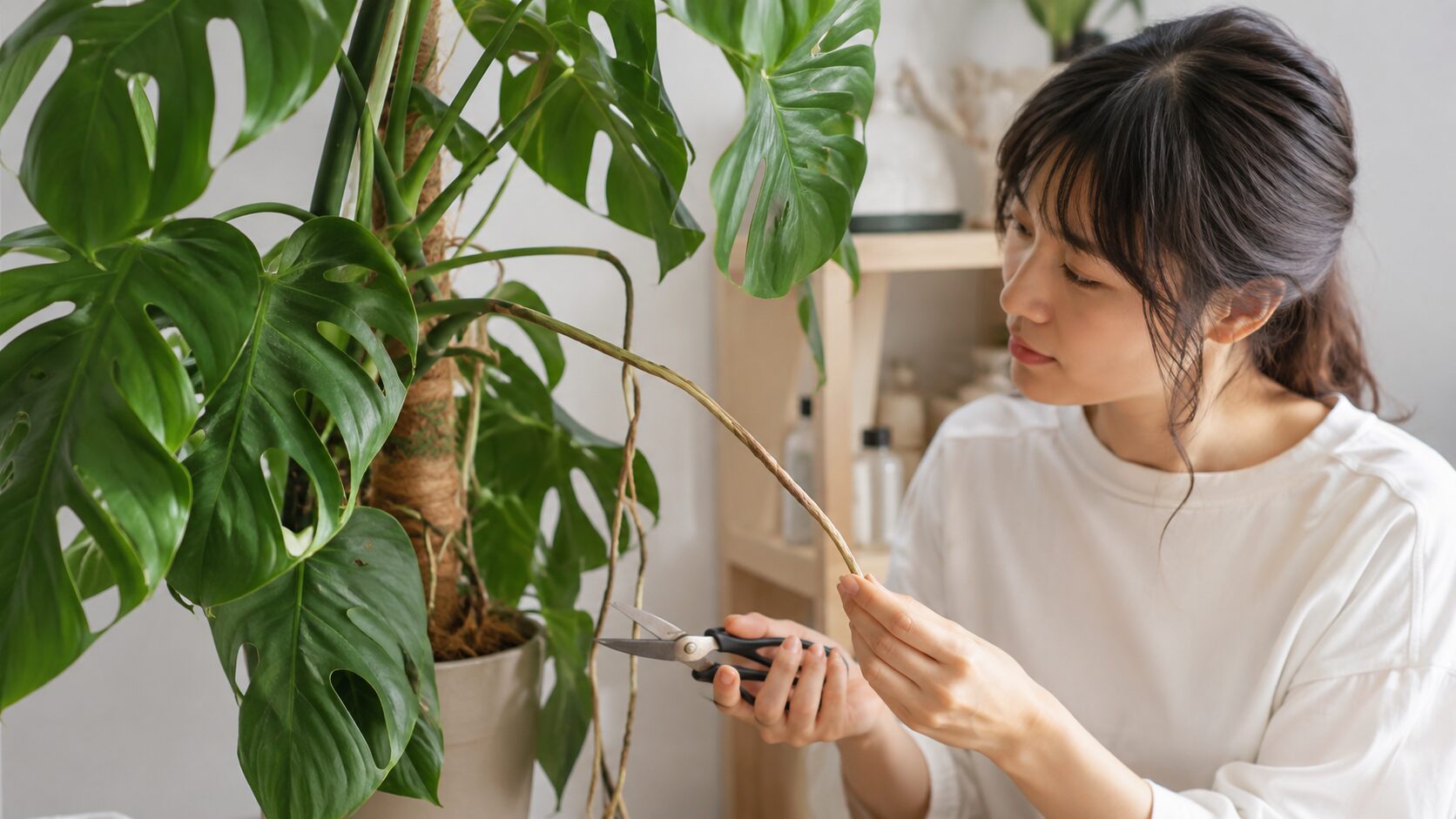 長く伸びたモンステラの気根を手に取り、剪定前に状態を確認している女性